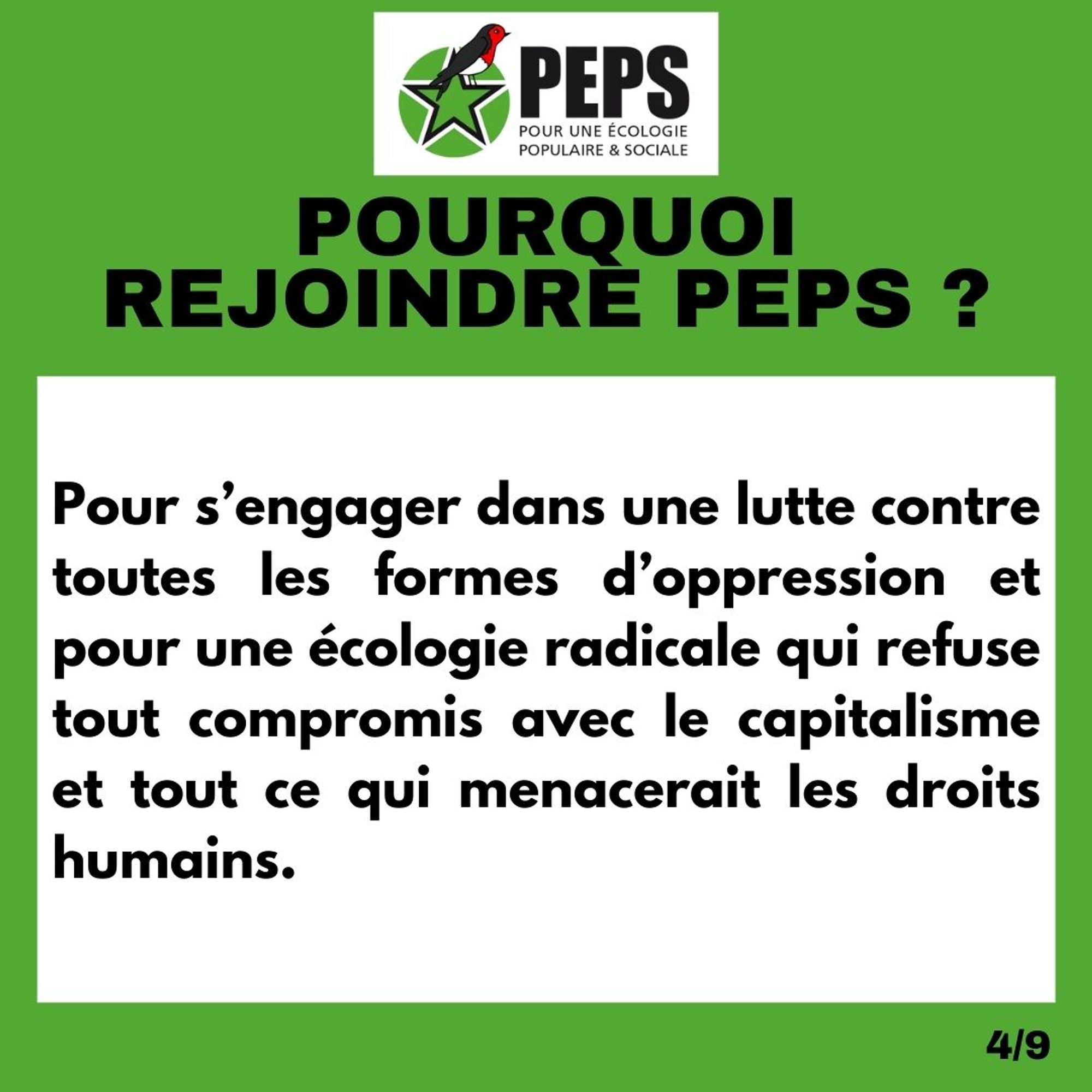 Pourquoi rejoindre PEPS ? 
Pour s’engager dans une lutte contre toutes les formes d’oppression et pour une écologie radicale qui refuse tout compromis avec le capitalisme et tout ce qui menacerait les droits humains.