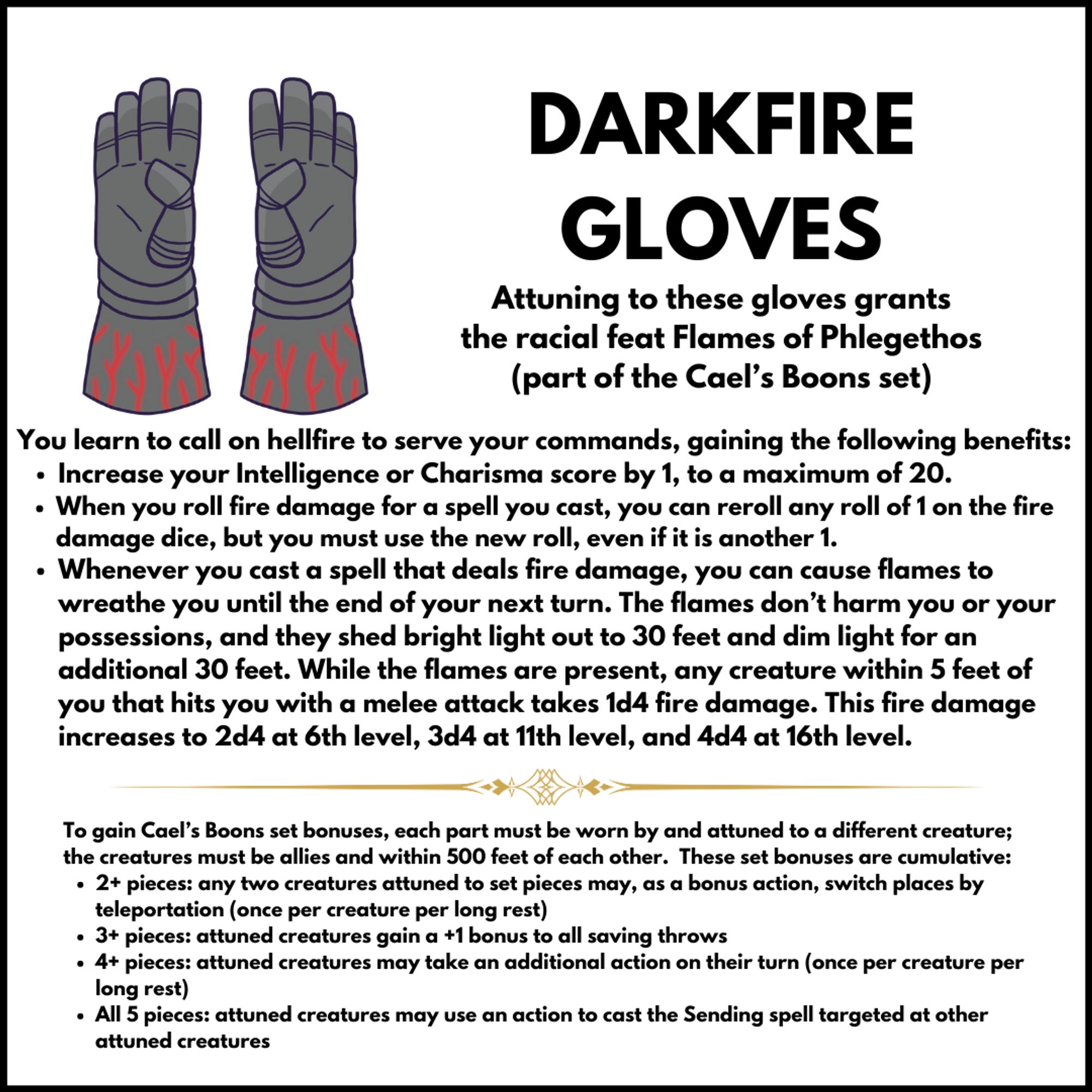 an image describing a custom D&D magic item called "Darkfire Gloves" which grant the wearer the racial feat "Flames of Phlegethos" (description copy/pasted from 5e rulebooks) along with listing some cumulative party set bonuses should different PCs attune to more than one of the five set pieces