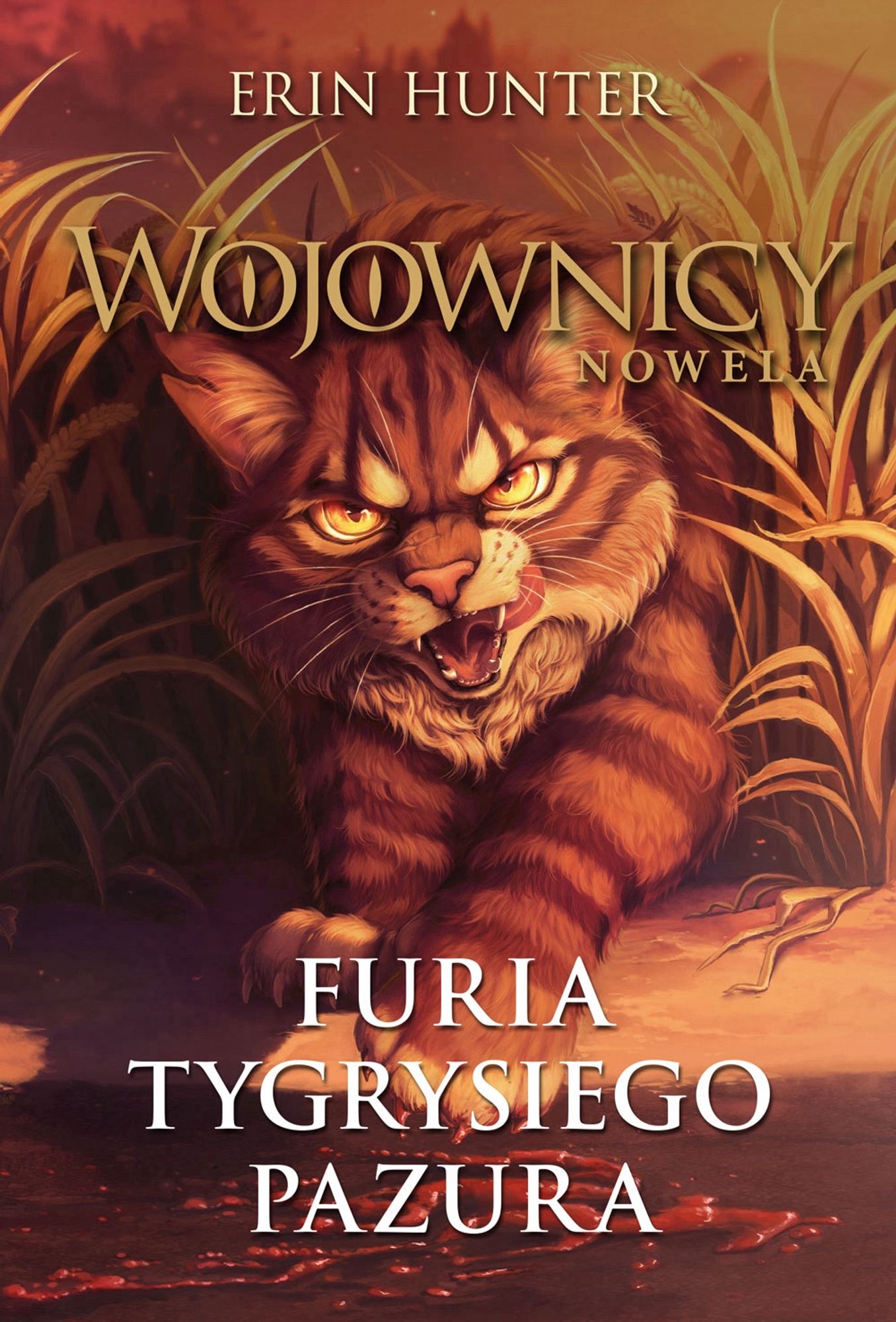 Polish cover of Tigerclaw’s Fury depicting Tigerclaw coming out of the grass with blood dripping from his claws