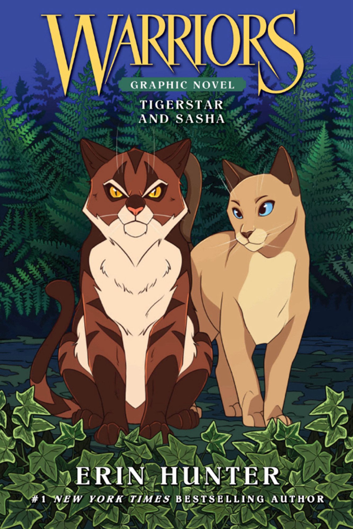 Cover of the full color bind-up of Tigerstar and Sasha. Cover depicts Tigerstar sitting, staring forward, with Sasha standing by his side looking toward him. Ivy covers the ground in front of them with a wall of ferns behind the two cats.