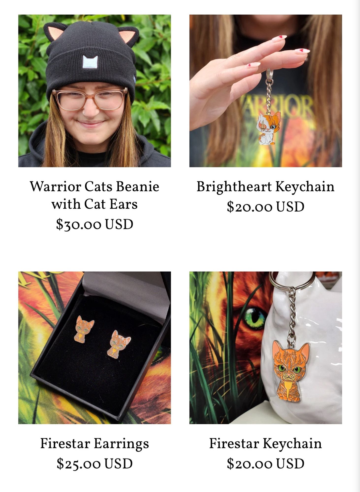 Screenshot from the US WarriorCats store showing listings for a beanie, Firestar mini earrings, Brightheart mini keychain and Firestar mini keychain.