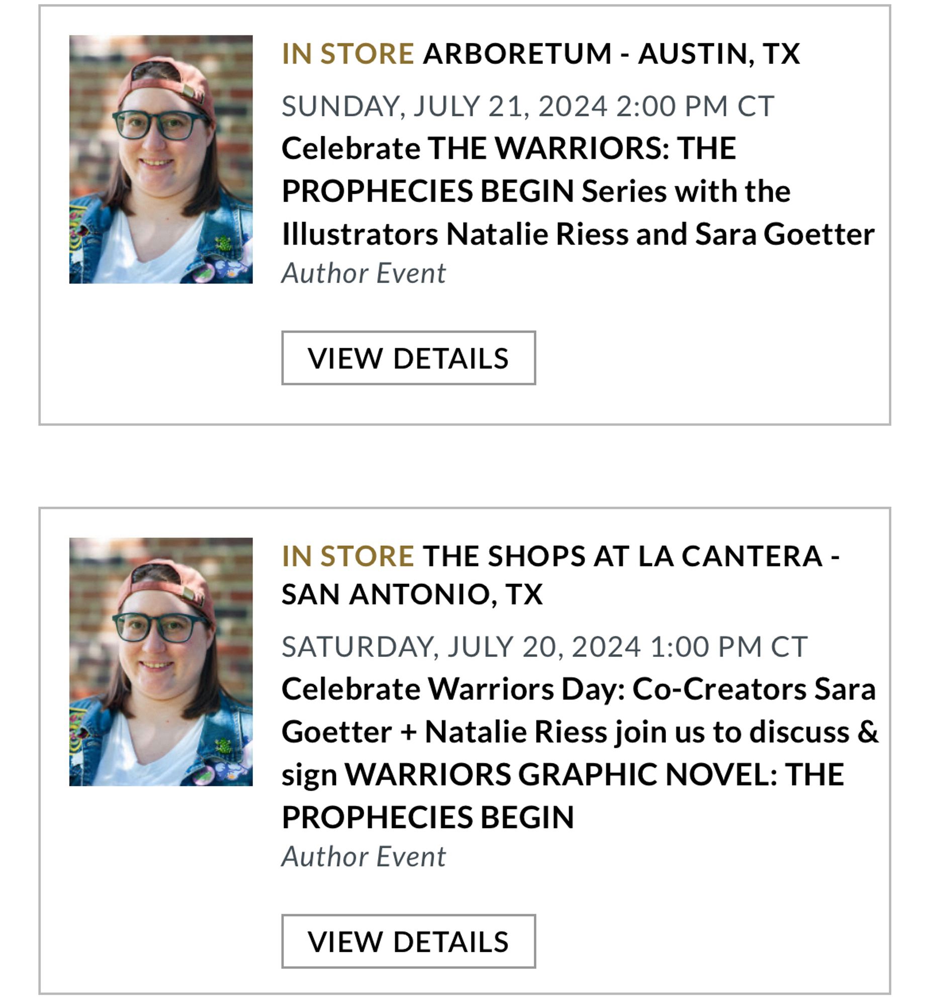 Screenshot from Barnes & Noble events showing Austin and San Antonio, Texas will have the illustrators at the Warriors Meetup