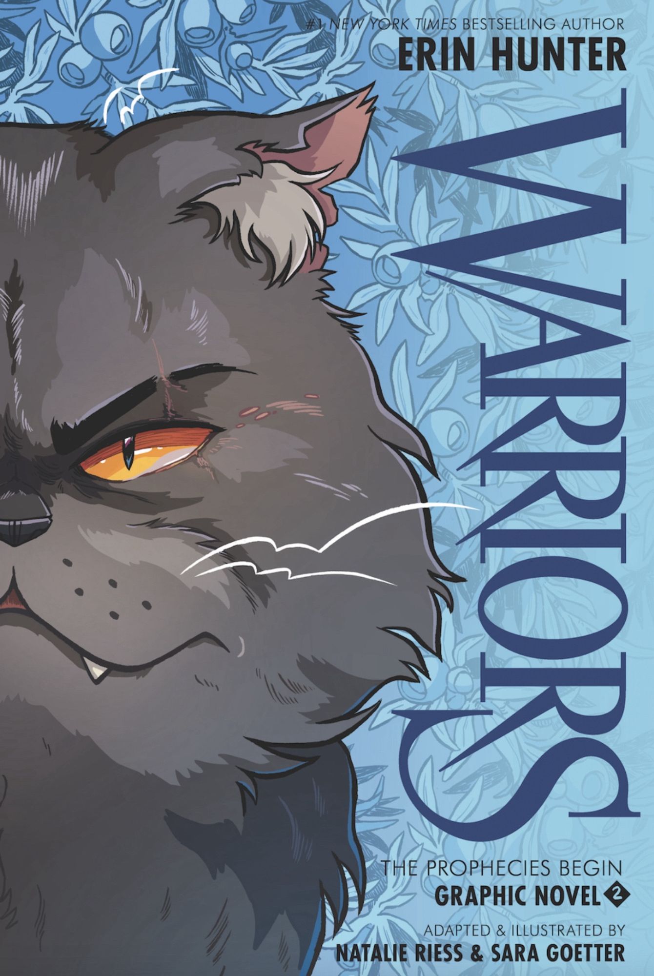 Cover of Warriors: The Prophecies Begin graphic novel volume 2. Depicts Yellowfang on a blue background of herb outlines.