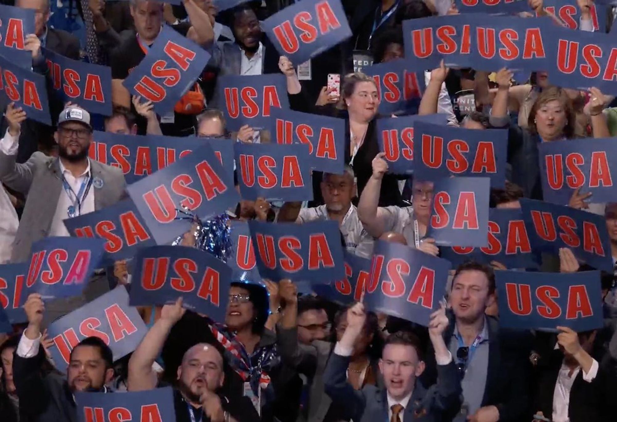 A picture of "USA" signs at the DNC