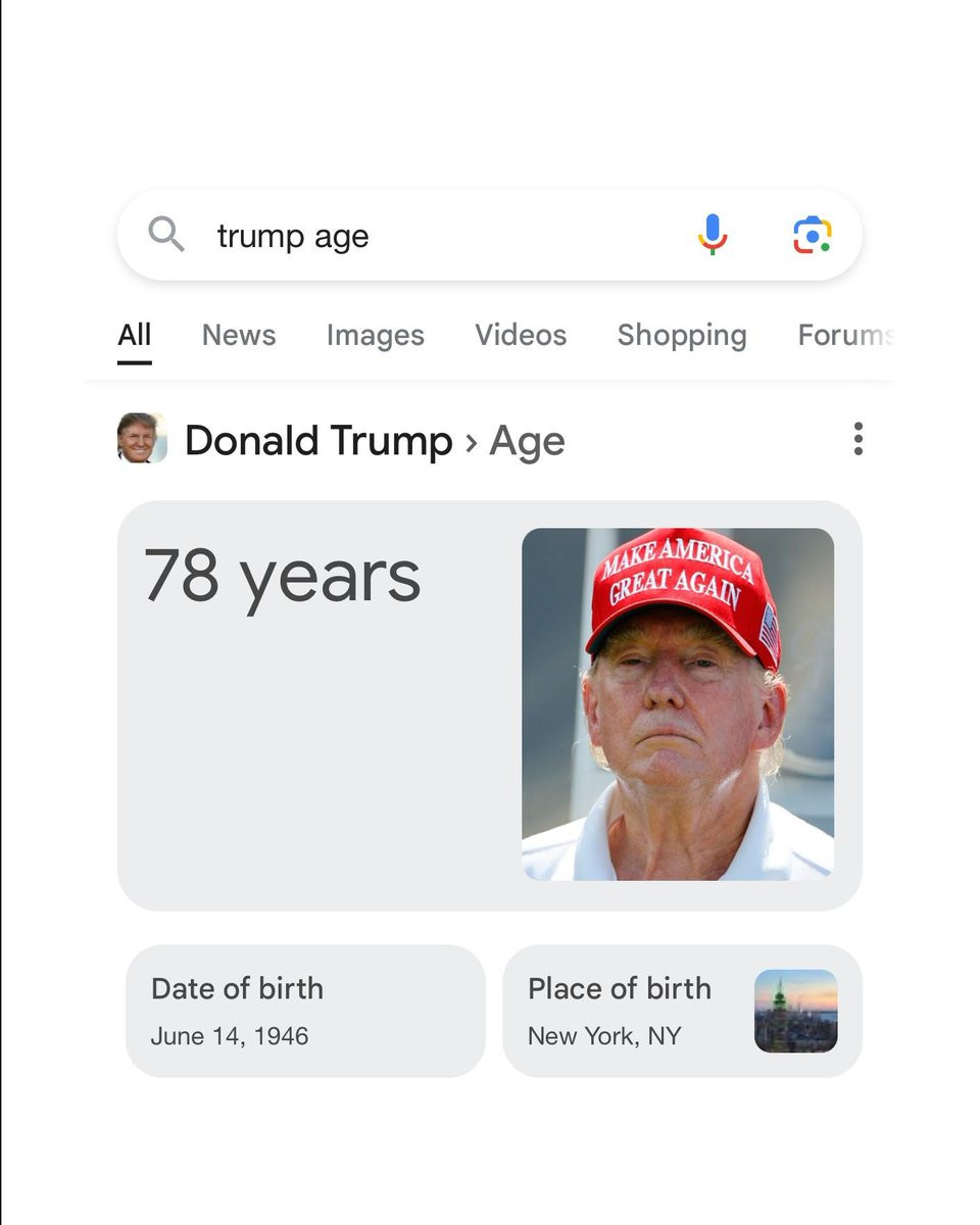 A Google search for "trump age" with the results "78 years"