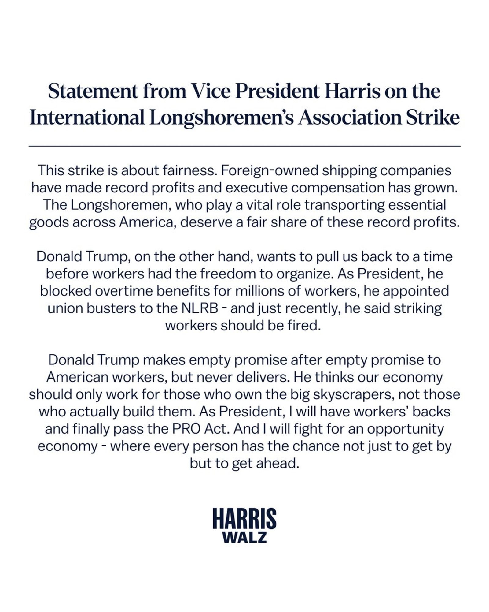 Statement from Vice President Harris on the International Longshoremen's Association Strike