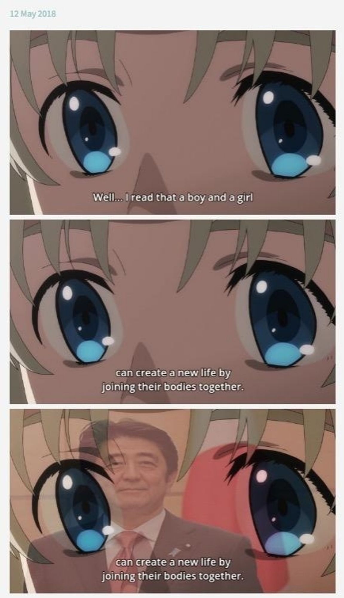 Three screenshots of an anime where a character says "Well... I read that a boy and a girl"
The second one is
"Can create a new life by joining their bodies together"
The last panel is the same as the second one with a picture of low opacity shinzō abe superposed on it