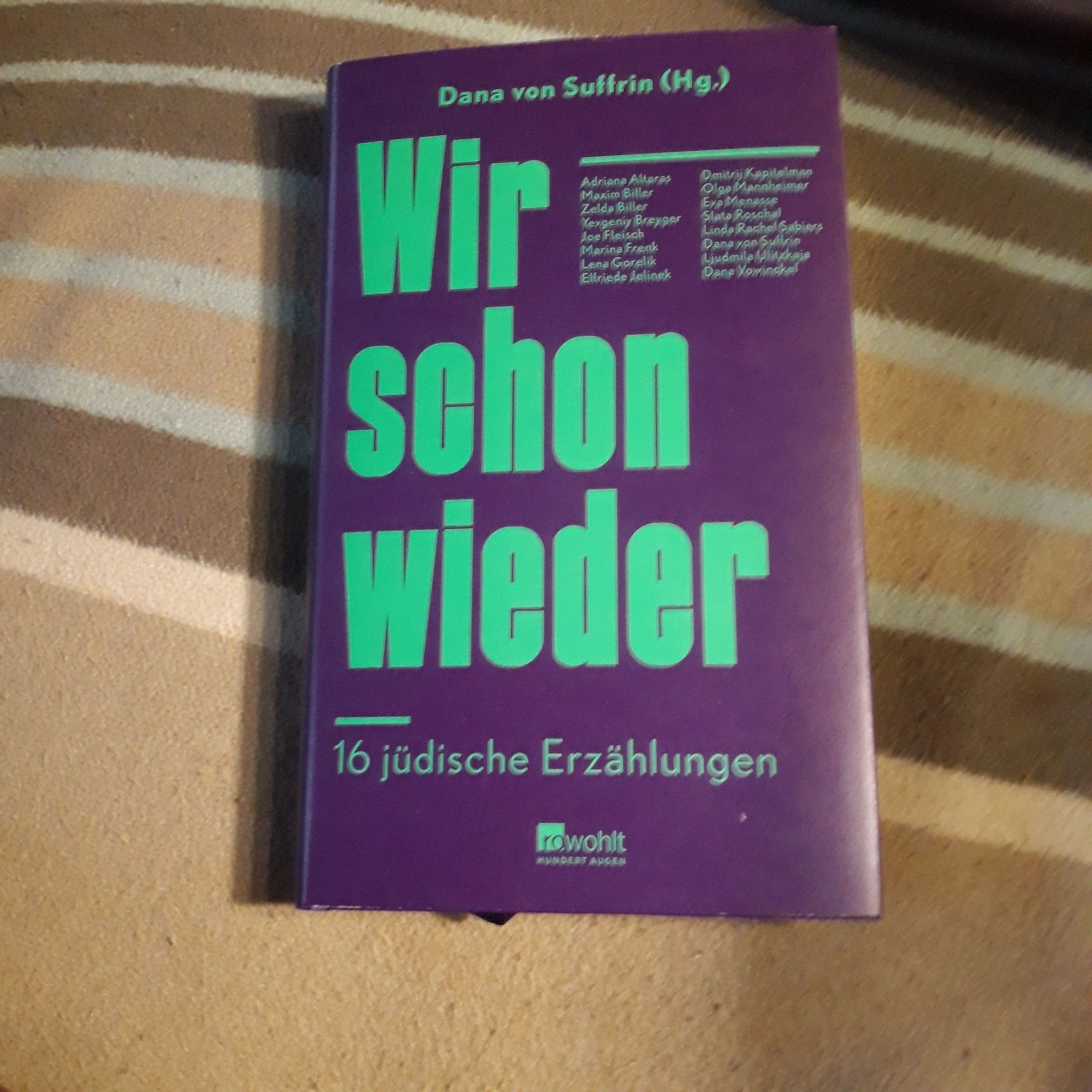 Das Buch "Wir schon wieder. 16 jüdische Erzählungen", in lila und türkis gehalten, herausgegeben von Dana von Suffrin, liegt auf einer gestreiften Wolldecke. Erschienen bei Rowohlt Hundert Augen.