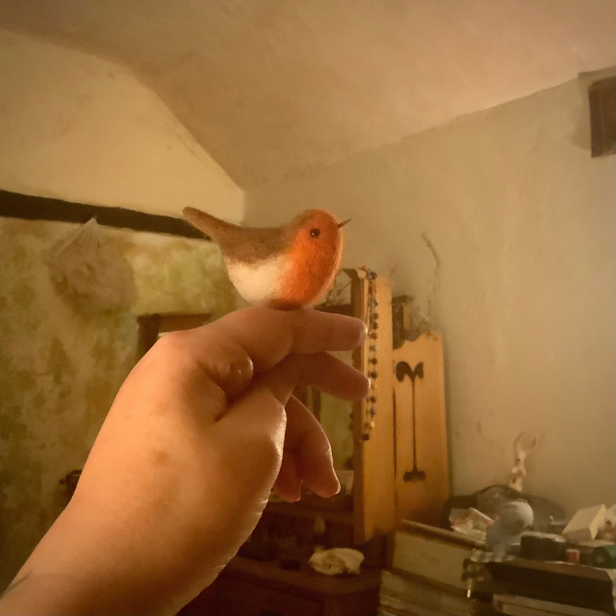 A hand with a little woollen robin perched on top of the fingers, in a plain plaster walled cottage bedroom with an old dressing table in the background.