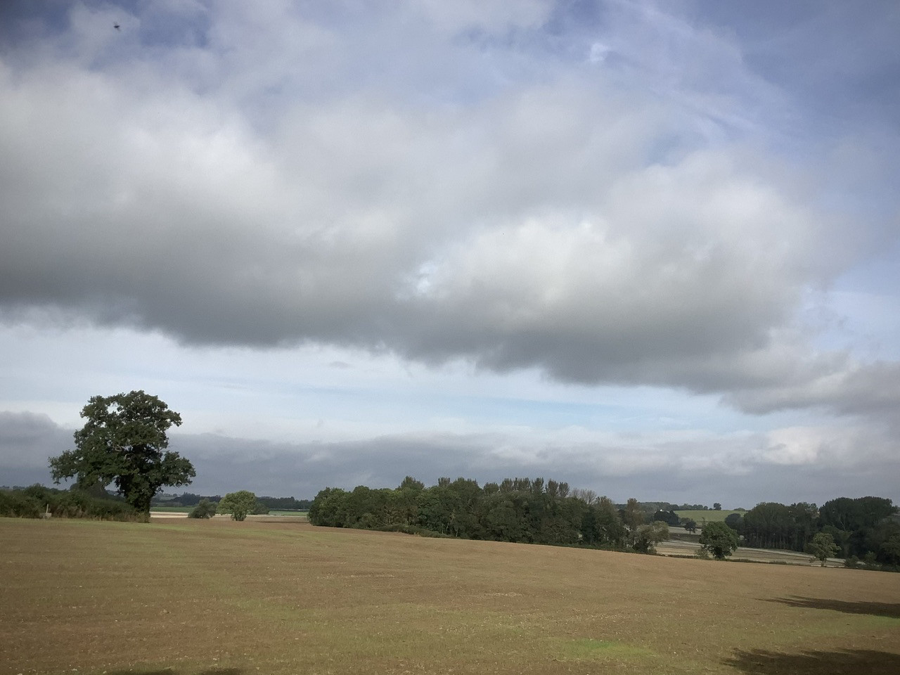 A view of a country landscape. A large amount of cloudy skies at the top and a field of earth at the bottom with trees and hedgerows in the middle.