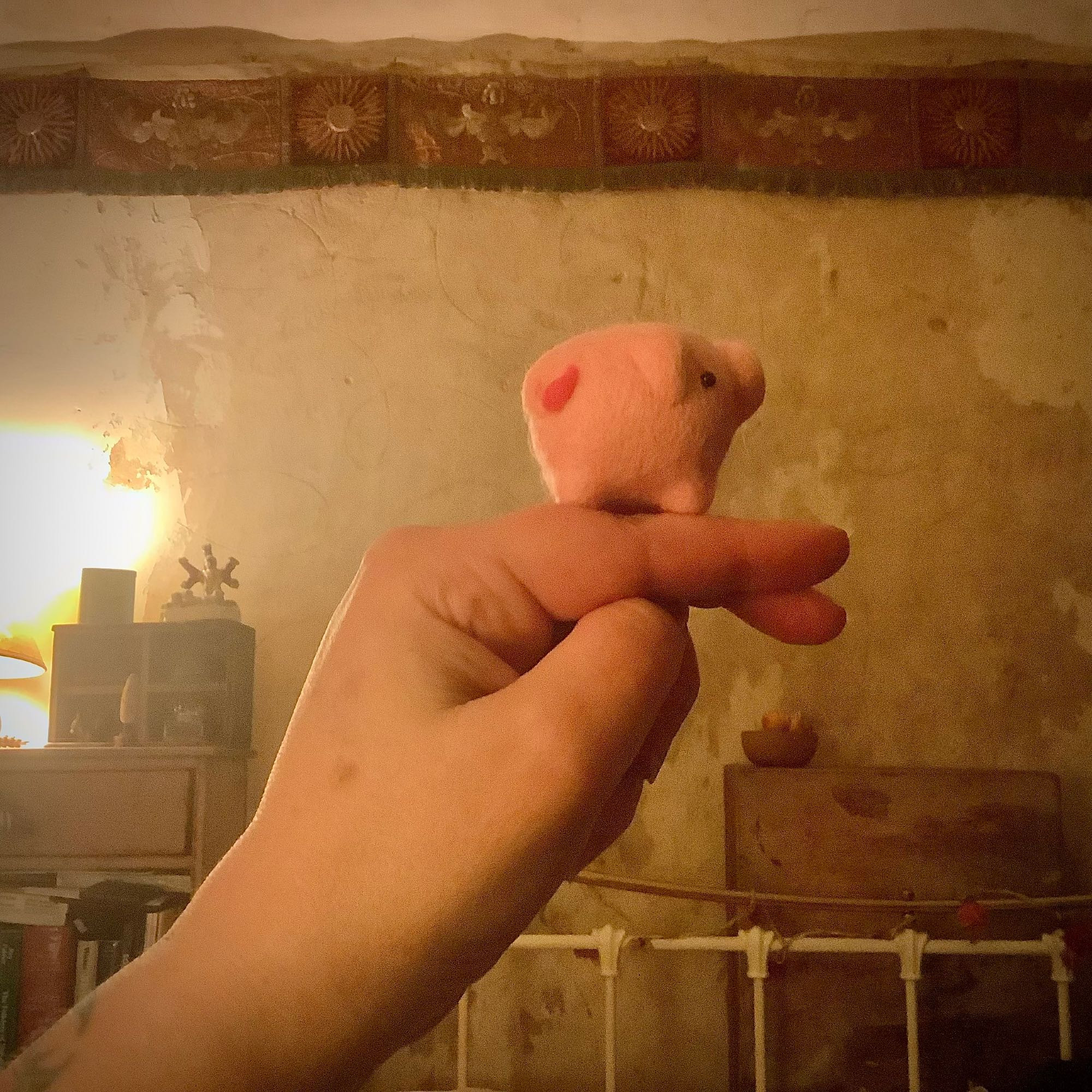 A hand in the foreground with outstretched fingers. on top of the fingers a little fat, pink woollen pig is balanced. Behind the hand is a plastered cottage bedroom wall, the photo is softly lamp lit.