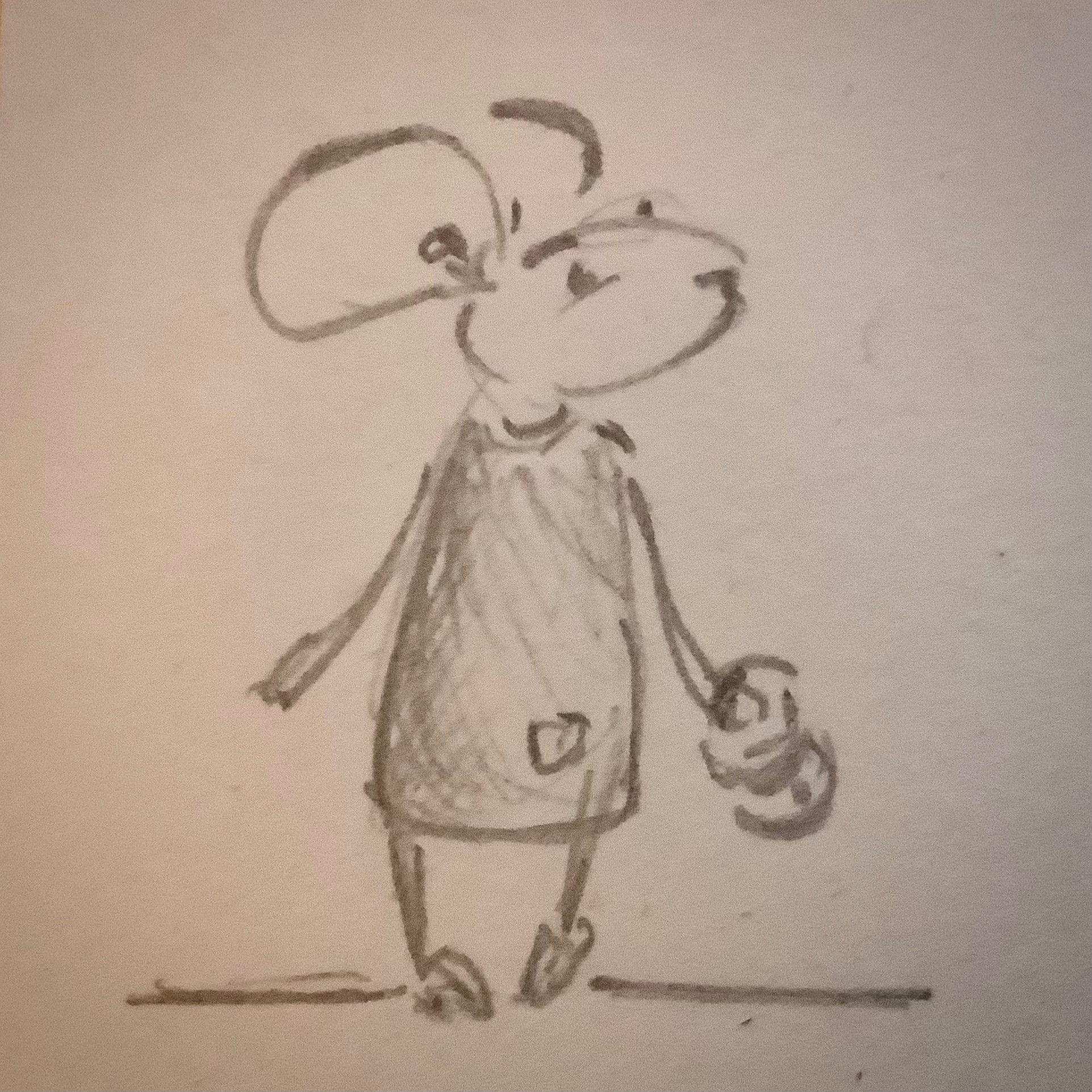 A loosely drawn pencil sketch of a girl mouse standing rather awkwardly with a tiny handbag swinging from one paw. She is wearing a little straight dress with a pocket and her face is pointing upwards as if looking at something.