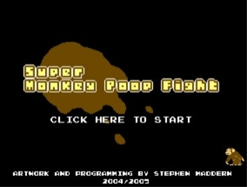 Super Monkey Poop Fight start screen. The game title appears over a brown splat. Beneath the title it says "Click here to start." A small pixelated monkey sits at the lower right. Text along the bottom reads: "Artwork and programming by Stephen Madden 2004/2005"