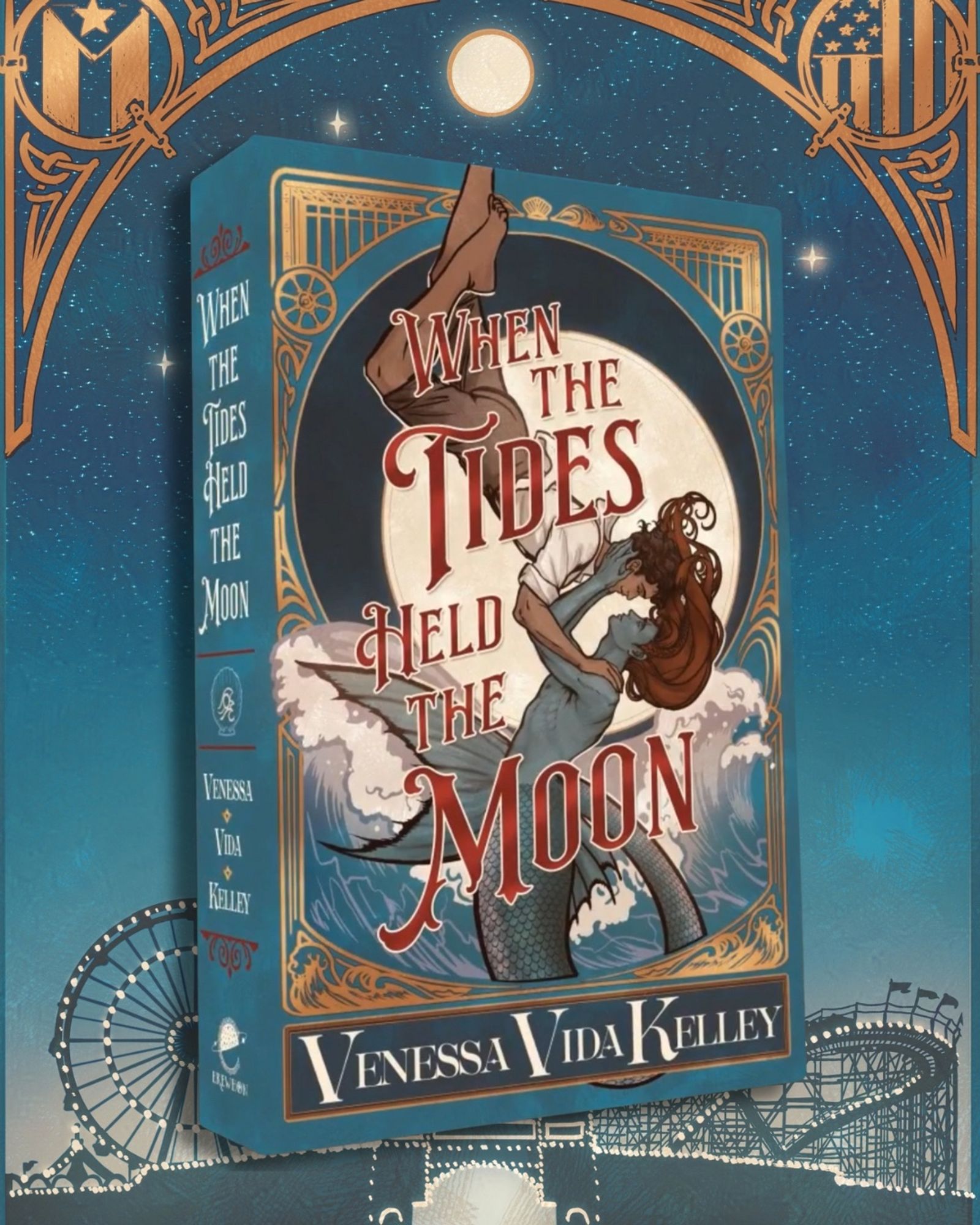 Cover artwork for WHEN THE TIDES HELD THE MOON, in which a merman is holding his human beloved in front of a full moon and cresting wave, framed by gilded ironwork in an art nouveau style.