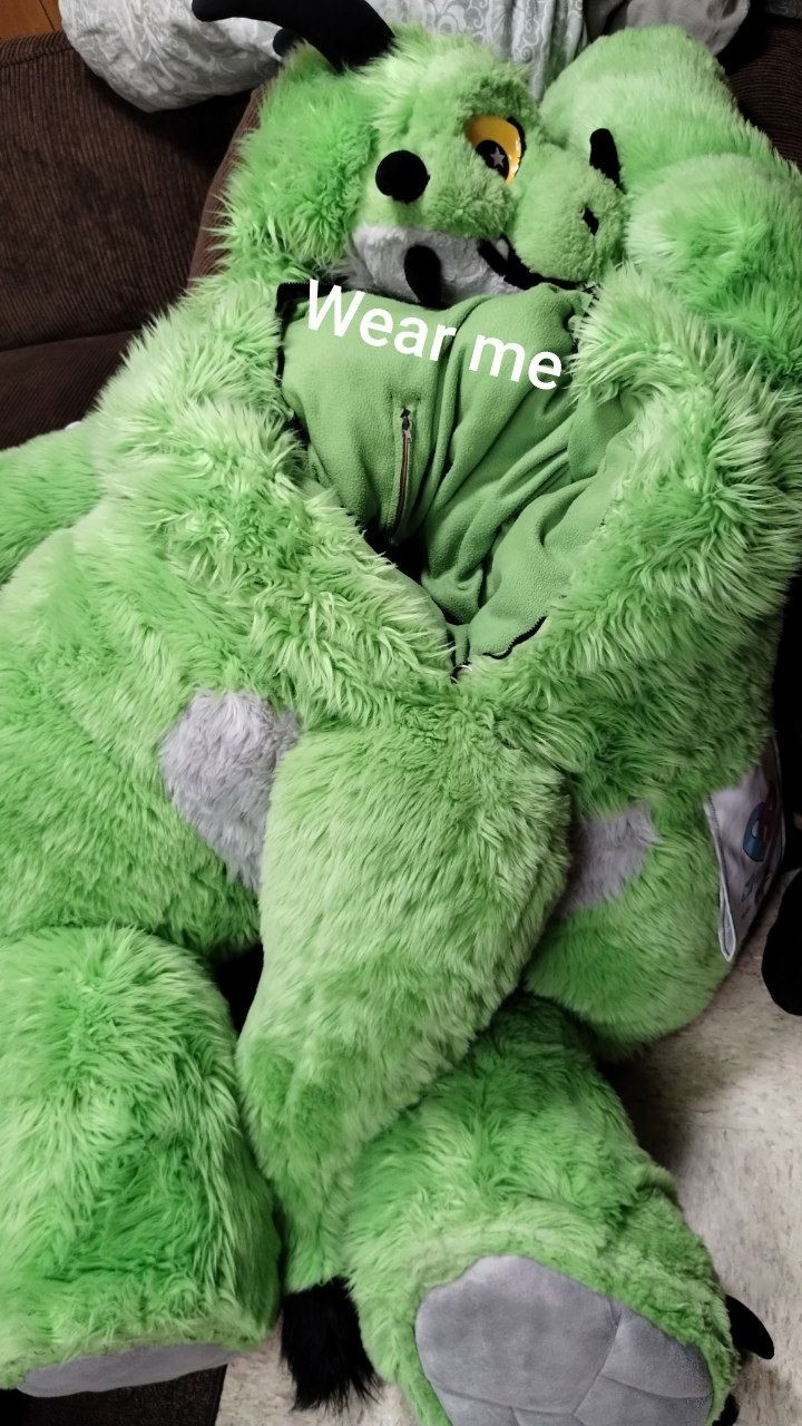 Paradise the Plush dragon, unworn, laying on it's belly, with the zipper open
Text superimposed saying "wear me"