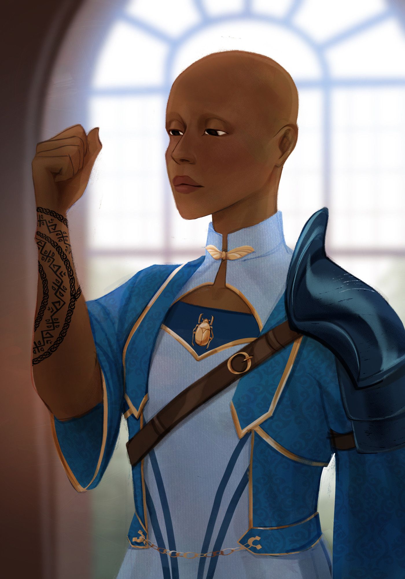 Renna is an enchantress and member of the Order of the Blue Scarab. She has no hair on her head of face, including her eyebrows. She holds her arm up, examining her swirling tattoos.