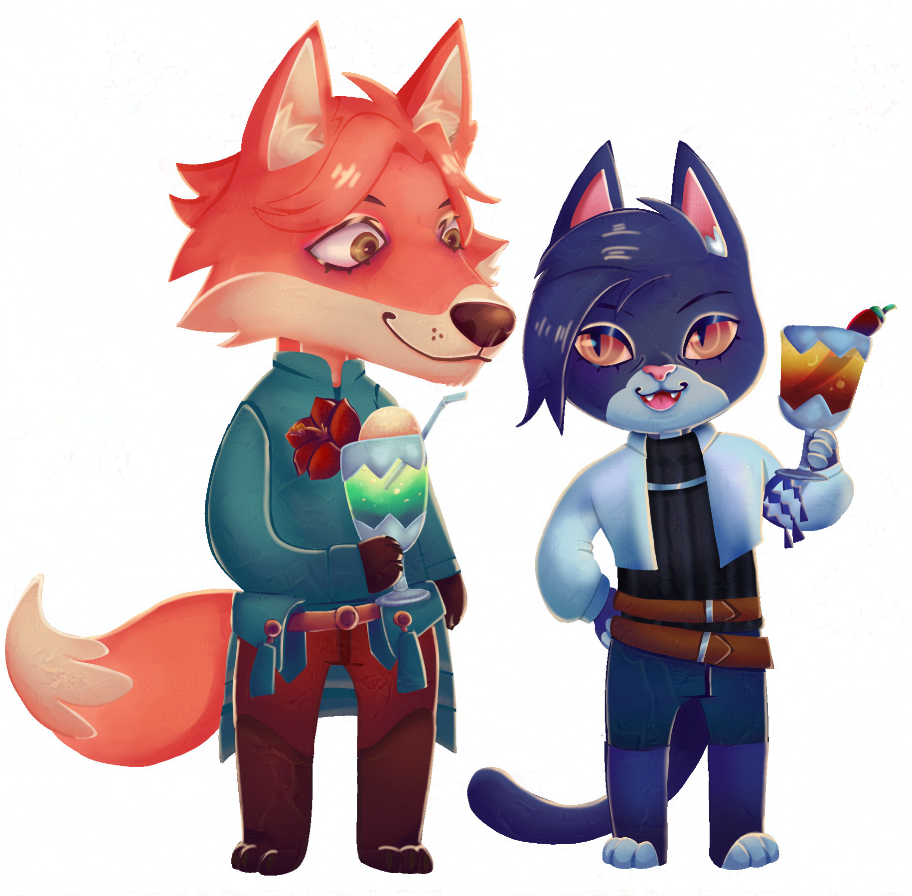 Sylvain and Felix from Fire emblem three houses in a sort of mock animal crossing style. Sylvain is an orange fox holding a melon soda drink. Felix is a navy cat holding a made up chilli soda drink. They are enjoying each other's company.