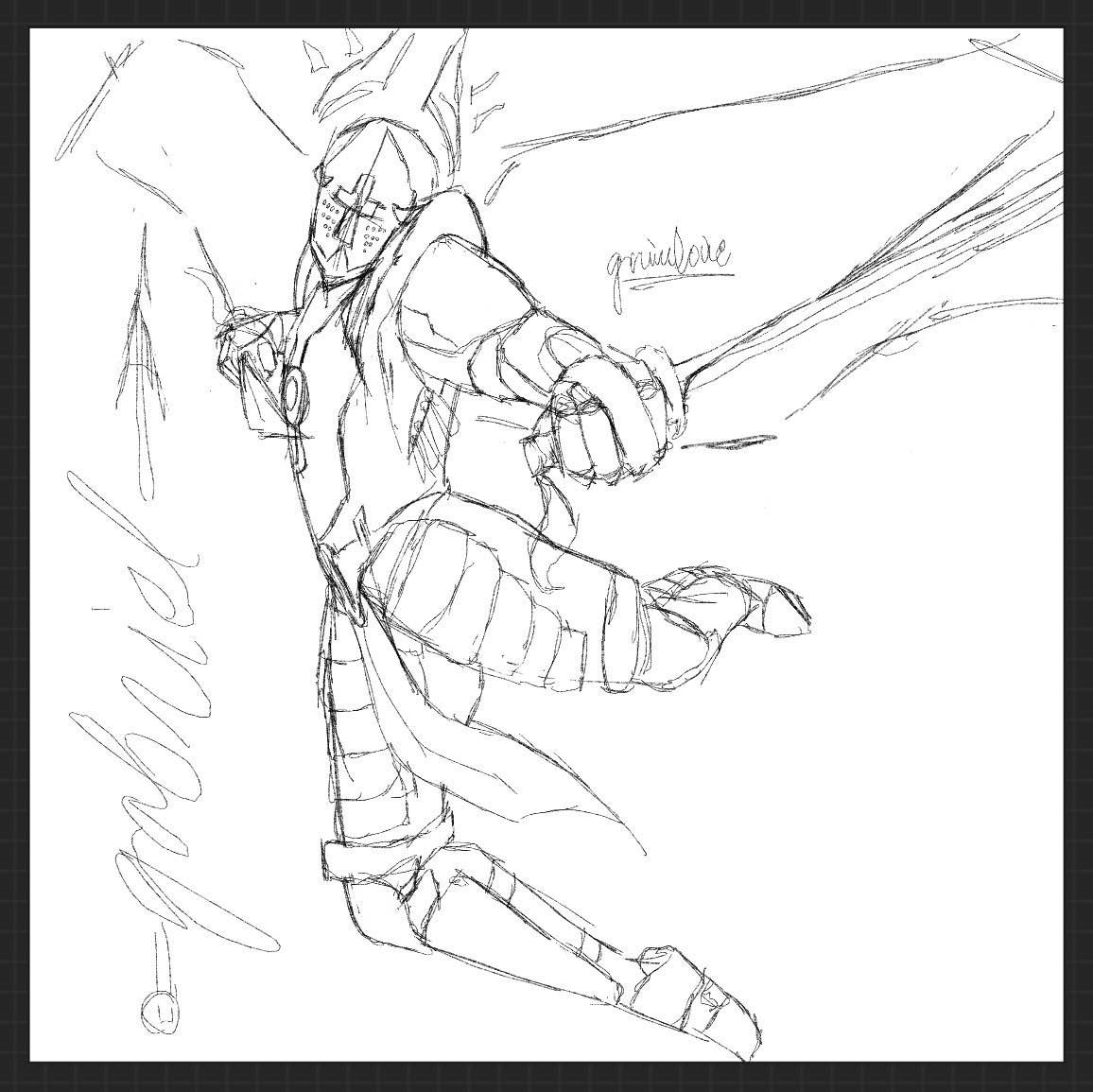 Gabriel from Ultrakill sketched on a white background with a sword pointed towards the viewer mid-air. 