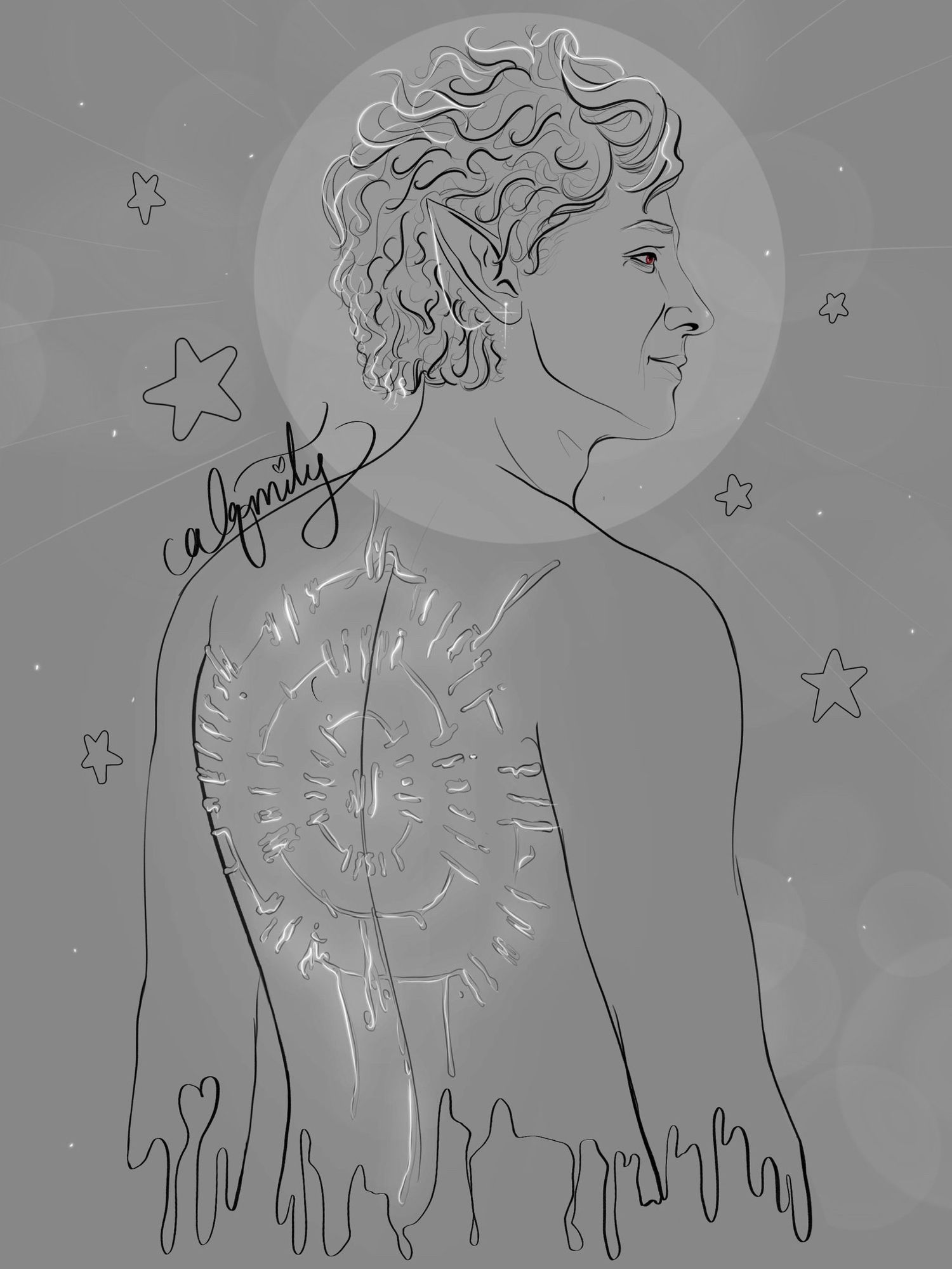 A greyscale lineart piece of Astarion from bg3 smiling happily with his naked back turned towards the viewer. His scars are glowing and stars decorate the piece around him.