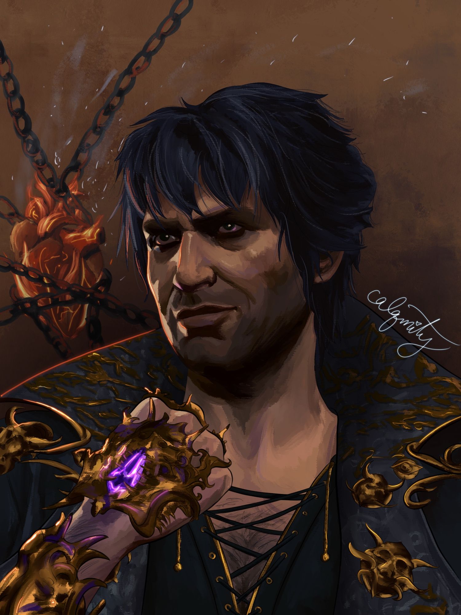 A realistic portrait with a warm/orange toned color palette of Gortash from BG3. He is holding his fist up in front of him with the glowing purple netherstone. There is an anatomical heart in the background on fire with chains around it.