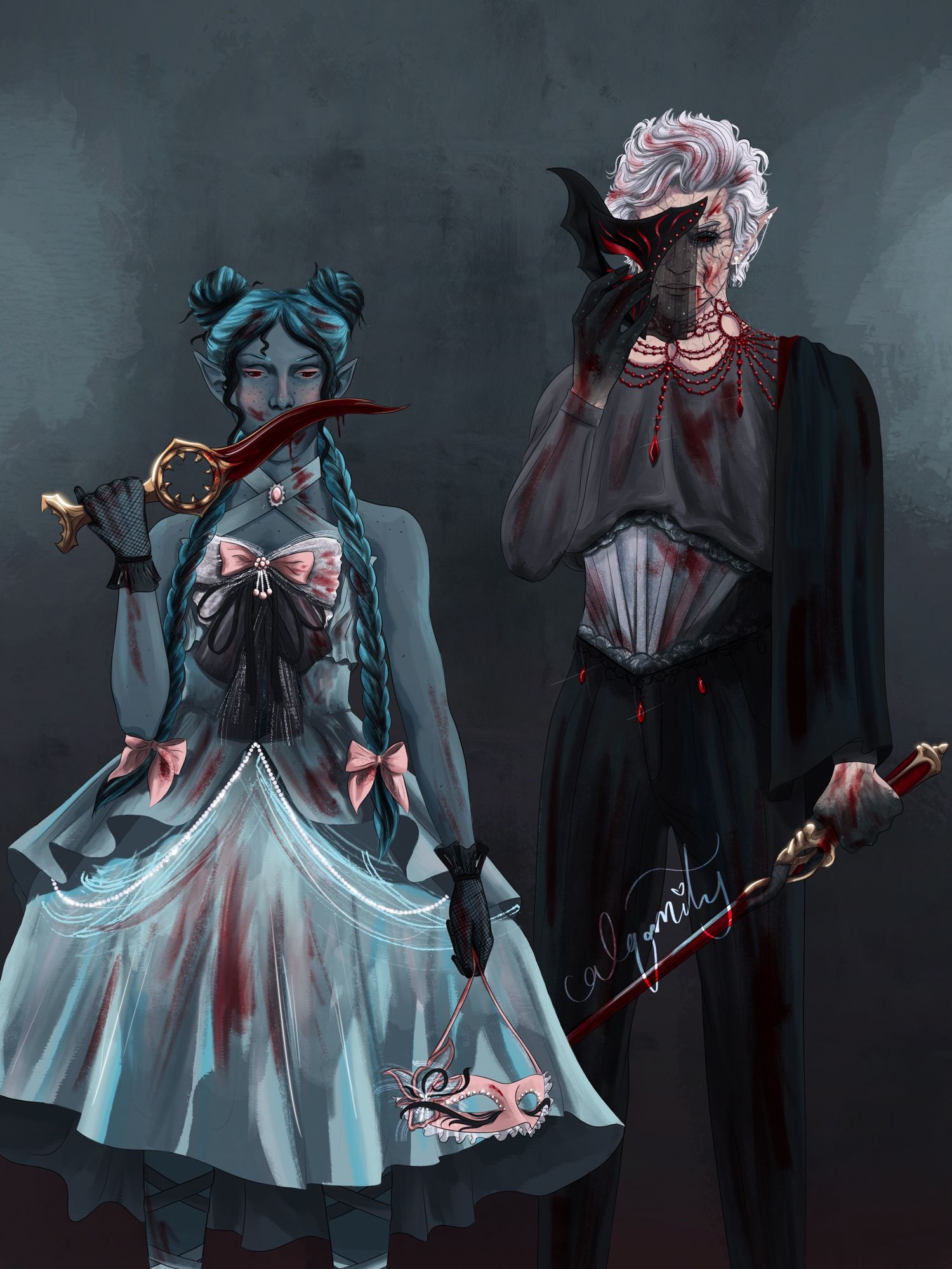 A semi-realistic digital drawing of half-illithid ascended astarion and the dark urge (she is a drow with blue hair and black highlights and wearing a blue lolita styled dress) they are holding bloodied weapons from the game and holding masquerade masks. The color scheme is mostly cool/bluish