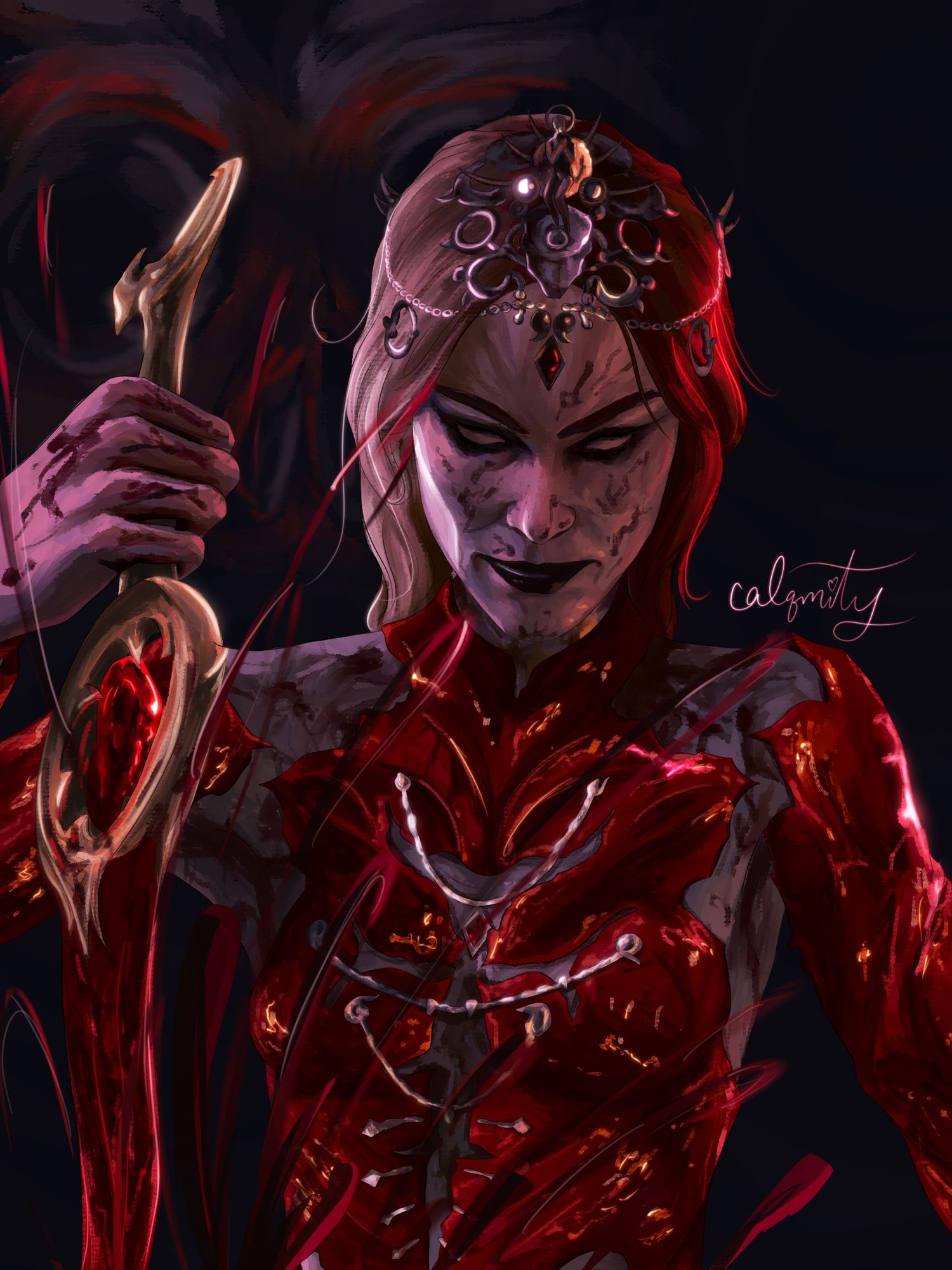 A realistic waist-up portrait of Orin the Red from bg3 holding her knife with blood splashing up. The piece is mostly made of reds and pinks.