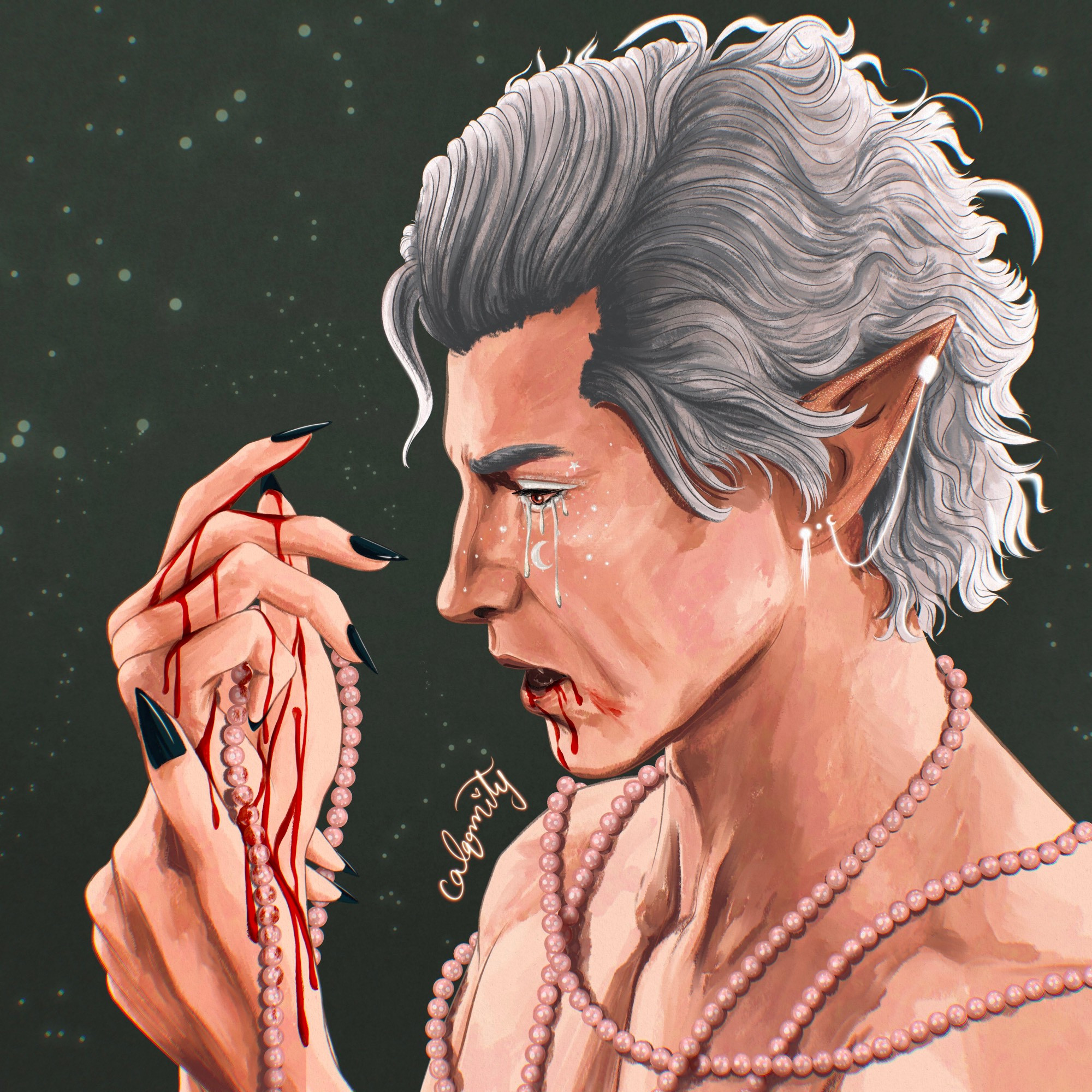 Realistic/painterly fanart of astarion (shoulder-up) holding a beaded necklace wrapped around his body. Blood drips from his hands and lips, and silver tears with glitter drip from his eyes. The background is green, and the palette is earthy tones. Astarion is looking at his hands with an expression of sadness and shock.