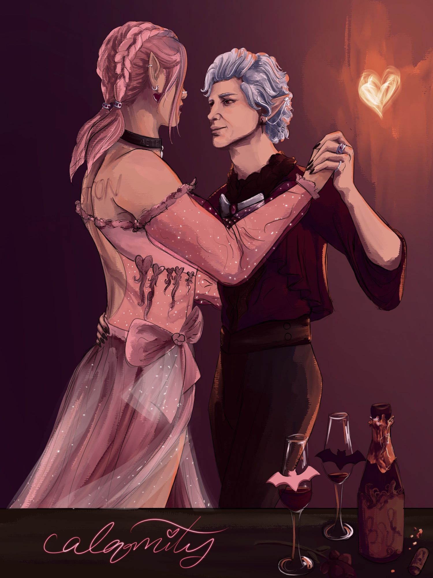 A semi realistic digital painting of Astarion from BG3 and the artist's tav Celestia dancing. Celestia is wearing a pink dress with sparkly material and a big bow on the side. Astarion's name is carved into Celestia's back. Astarion is wearing a purple red blouse and dark brown pants. There is a wine bottle and wine glasses to the side with little bat decorations on them. The overall color tone is warm/pinkish.