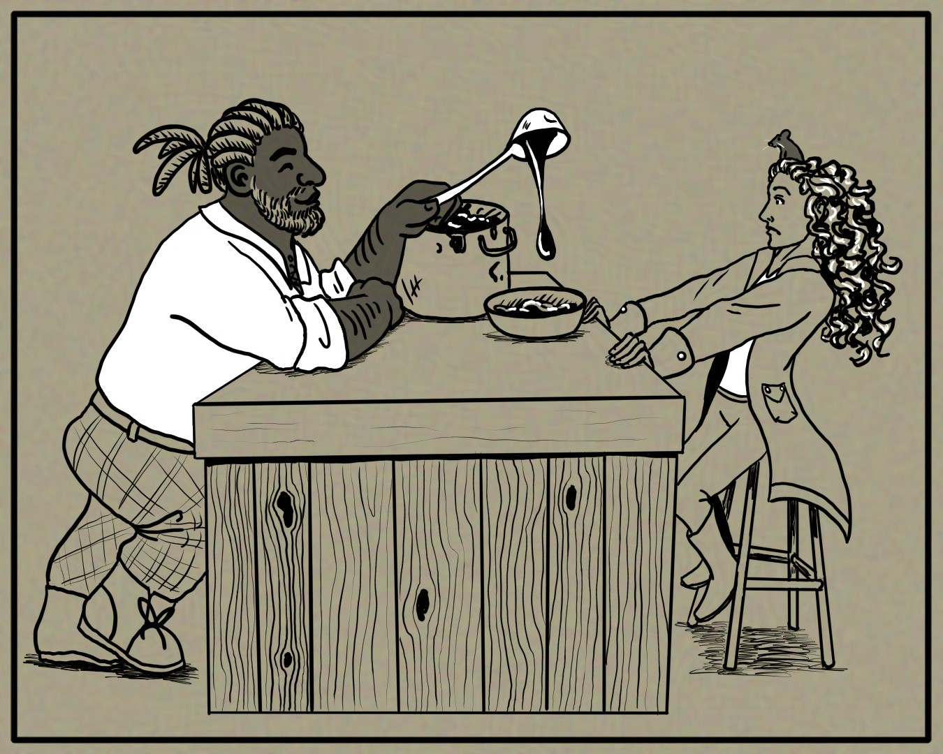 A black and white drawing on a tan background of a man and woman at a wooden counter. The man is large and dark skinned and smiles pleasantly as he labels a dark and goopy food into a bowl. Woman recoils away from the bowl as a rat sitting in her hair watches.