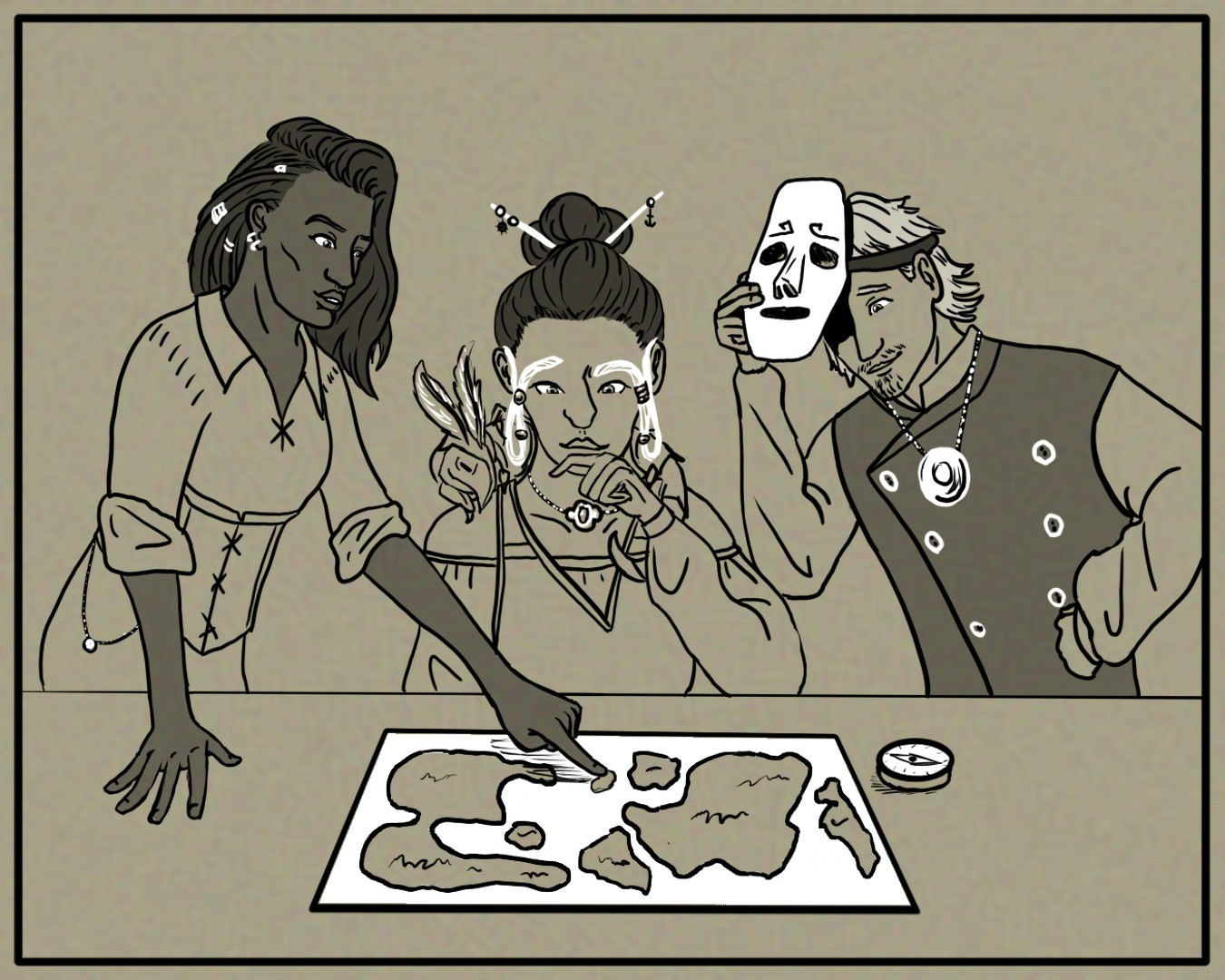 A black and white drawing on a tan background of three characters gathered around a map on a table. The woman on the left is dark skined with dreads on the side. She points to the map on the table. The woman in the center is sitting holding one hand up to her lip in consideration. A creature sits on her shoulder sleeping and her eyebrows are long and white and draped over her ears. The Man on the right leans over the table and lifts a mask off of his face. He has scraggly facial hair but a slight smile.