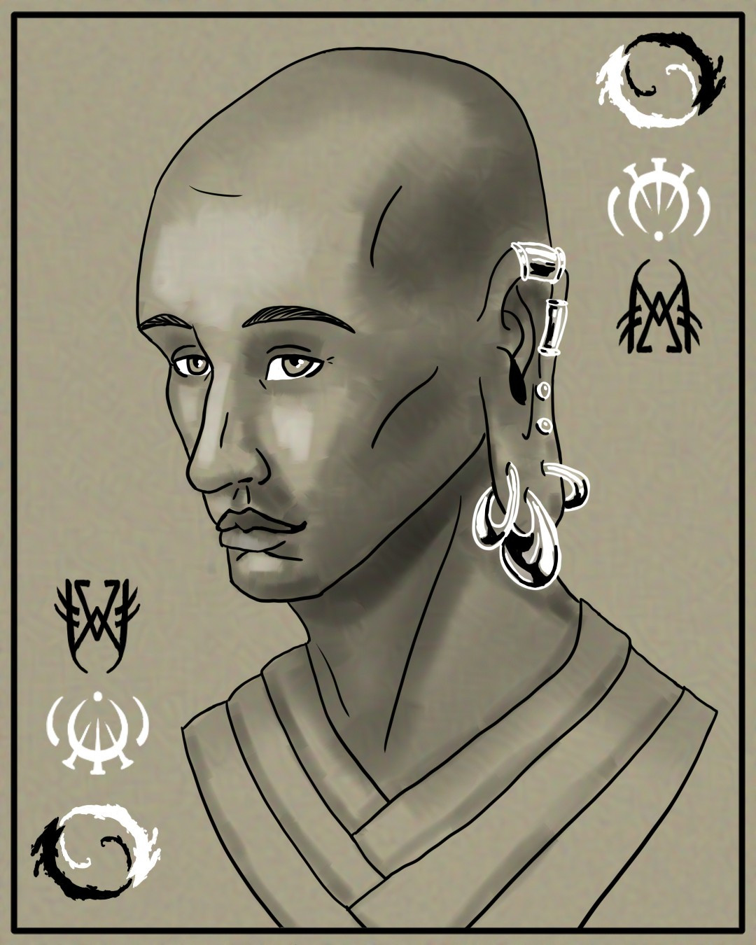 A black and white image on a tan background of a portrait of a bald man with elongated earlobes wearing many earrings and bands. Decide him our two sets of three symbols one with harsh straight lines in black, one with curves dots and spikes and white, and one that resembles two serpents eating each other's tails in black and white.