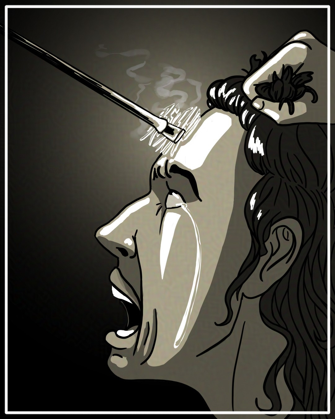 A black and white drawing on a tan background of a man with long hair looking up at a branding iron descending on his forehead and screaming. The brand glows white hot reflecting on his face and a hand roughly holds his hair back.