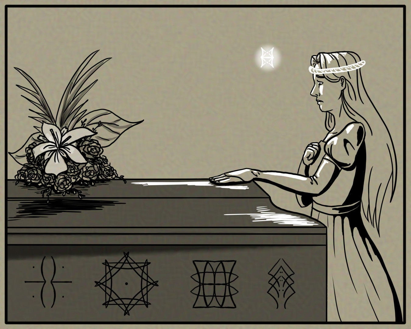 A black and white drawing on a tan background of a woman standing next to a wooden coffin. She rests a hand on the top of the coffin and holds another hand to her breast with a sorrowful expression.  Near her floats a glowing, magical symbol. Additional symbols are carved on the side of the coffin and bouquet of flowers is set at the coffin as well.