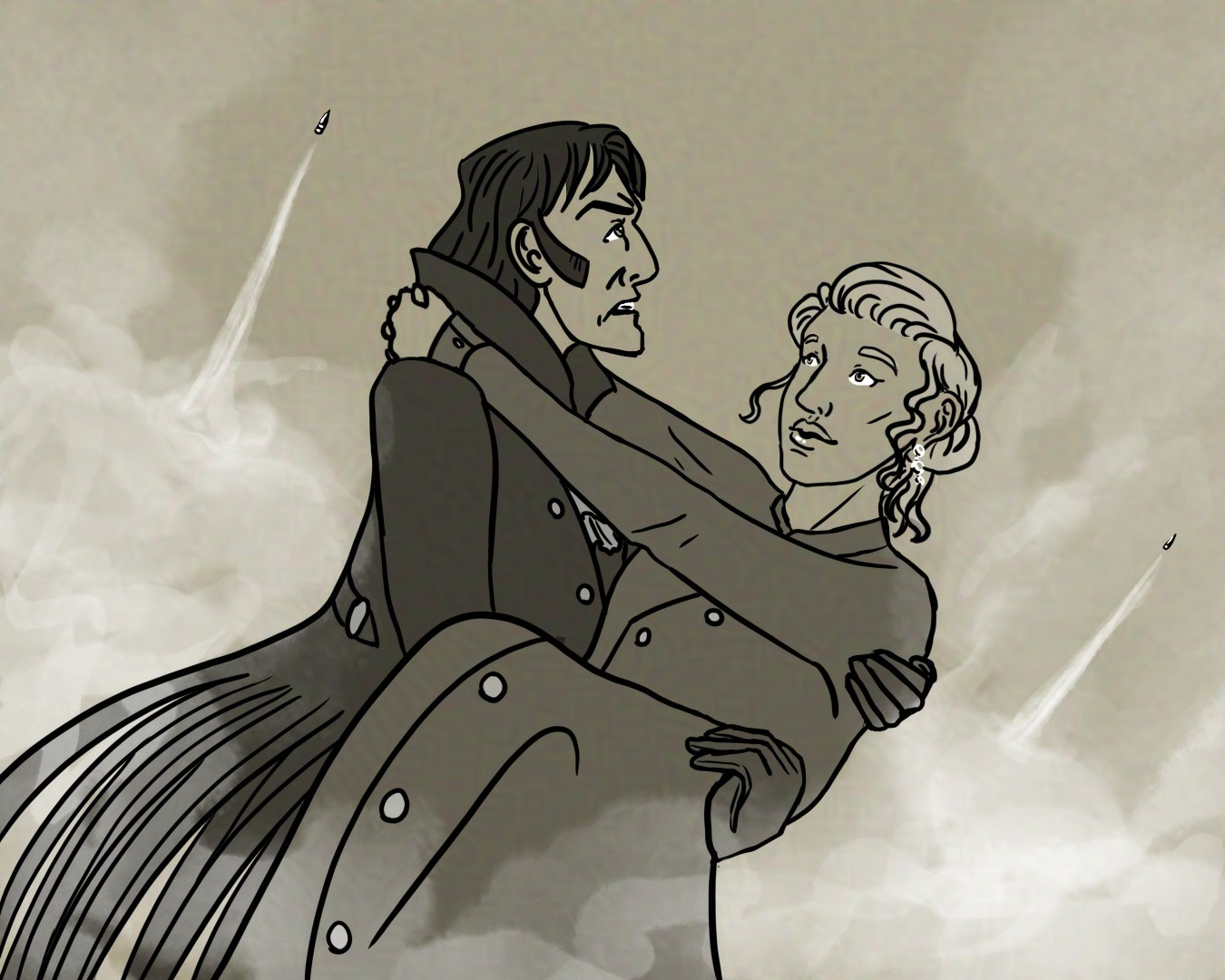 A black and white drawing on a tan background of a man and woman-- the man carrying the woman bridal style-- as they flee from bullets firing through a fog.  The Man looks upward teeth grated in concentration. The woman looks at the man face awed 