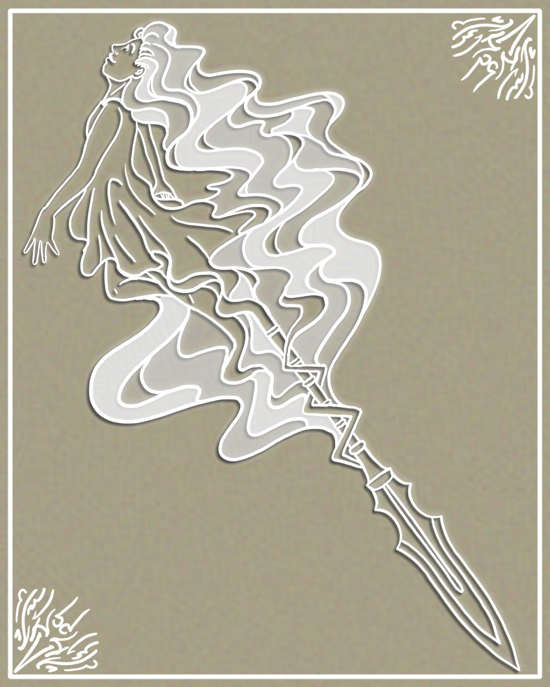 A mostly white drawing on a tan background of the outlines of a girlish figure in a graceful pose arching her back. Her hair in dress fade into mist that swirls together to below her form the shaft and point of the spear. There is a border and fanciful decorations in the corners.