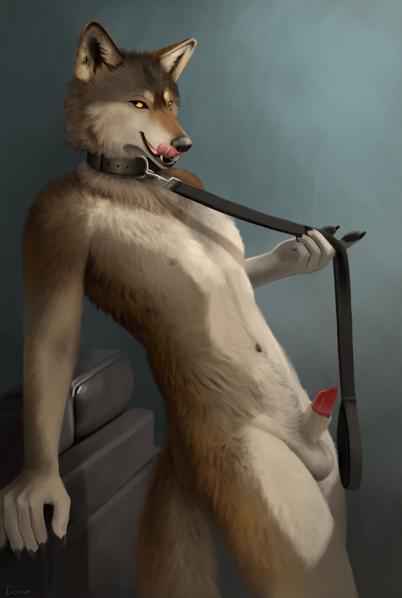 Nude wolf wearing a collar and on a leash looking at the viewer while leaning on a couch. #FurryArt