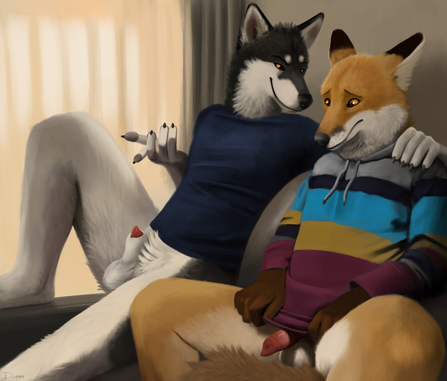 Husky sitting next to a fox on a couch. The fox is having difficulty hiding his affection for the husky. #furryArt