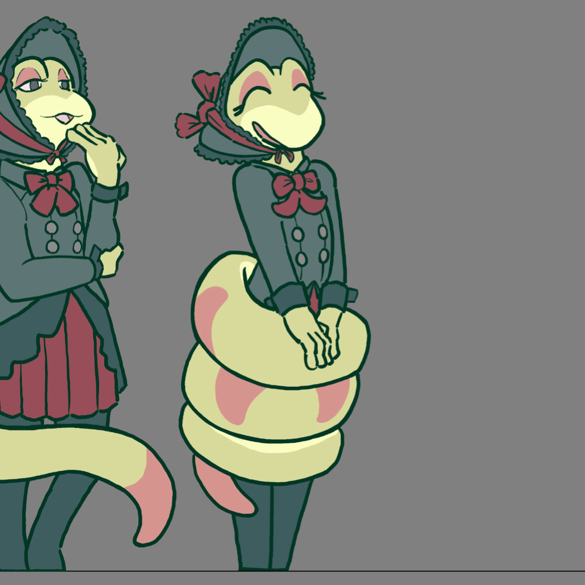 game sprite of a gothic lolita gecko delightfully coiled up in her own tail, pushing upwards excitedly