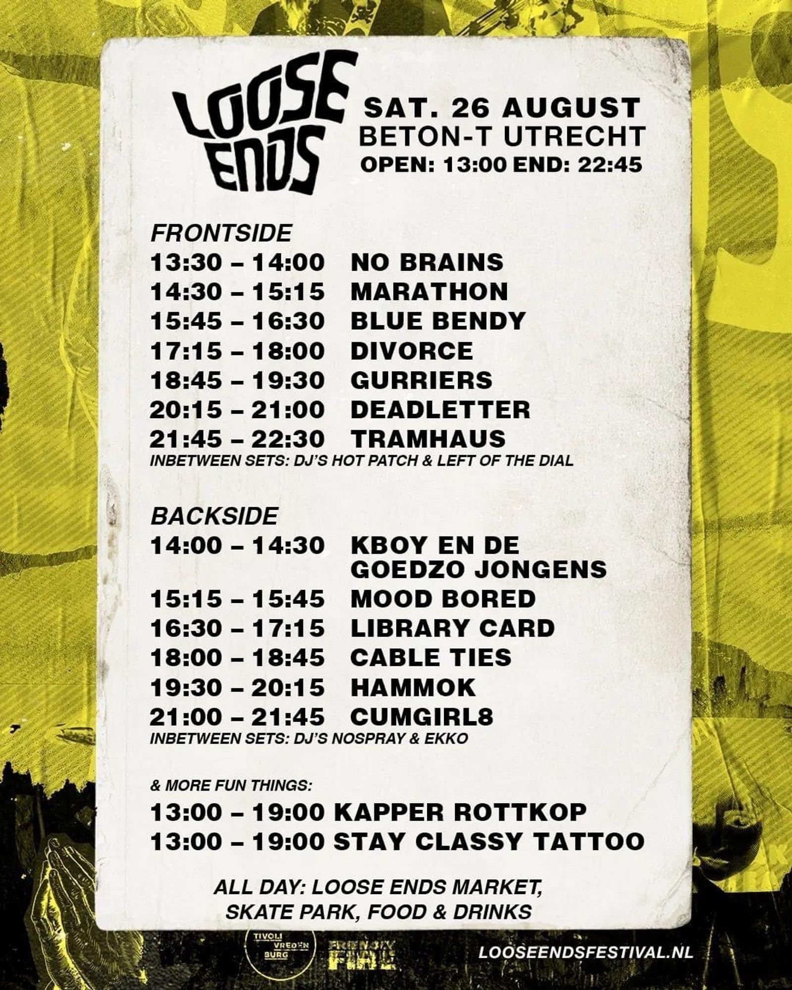 Tijdschema Loose Ends festival, zaterdag 26 augustus, Beton-T Utrecht