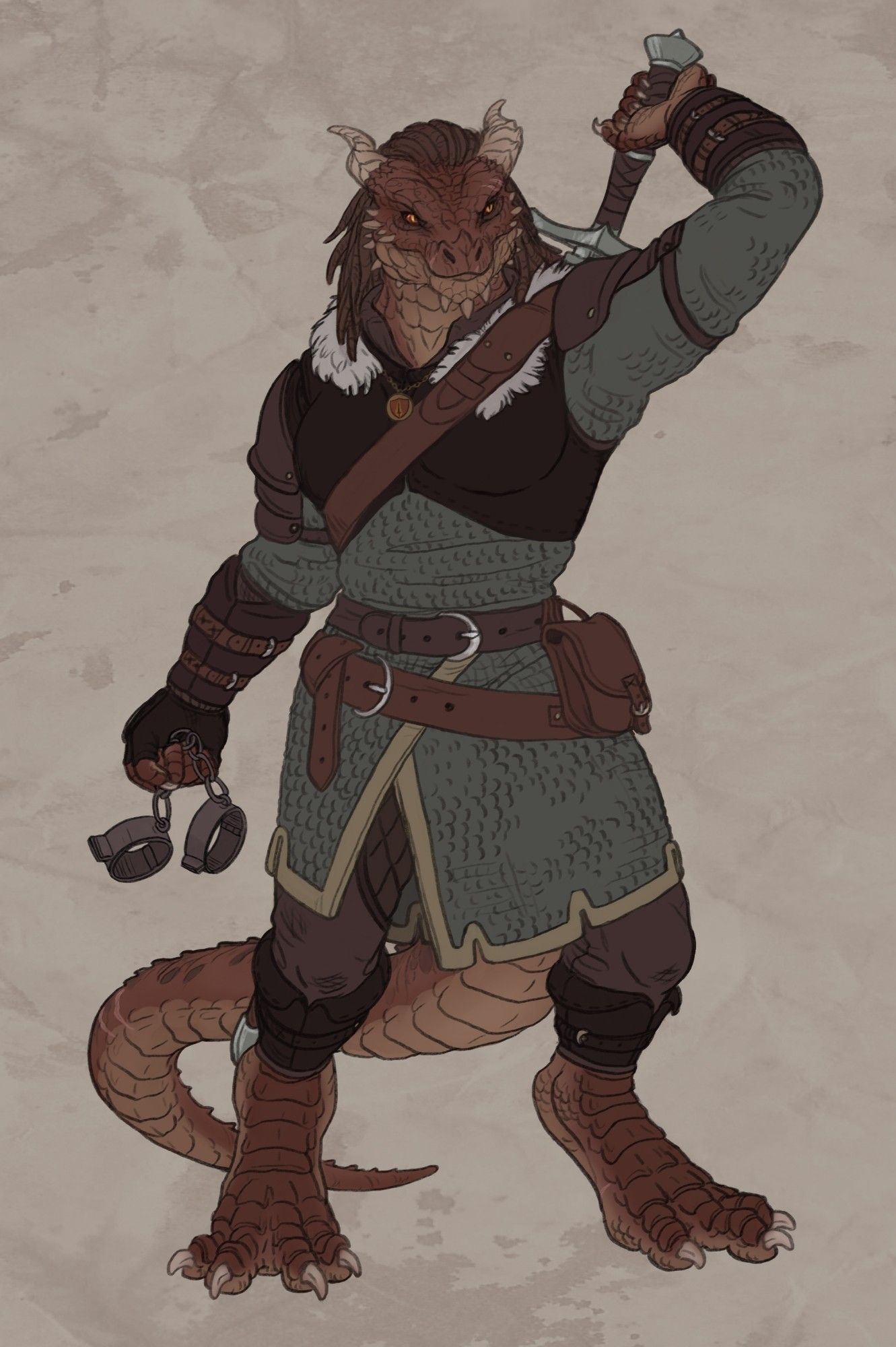 A large female red dragonborn grips the handle of her sword, wearing chainmail