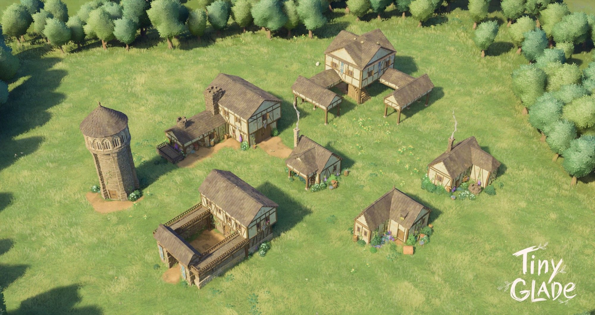 A keep, a forge, 3 houses, a forum and a barracks from Age of Empires 2 built in Tiny Glade