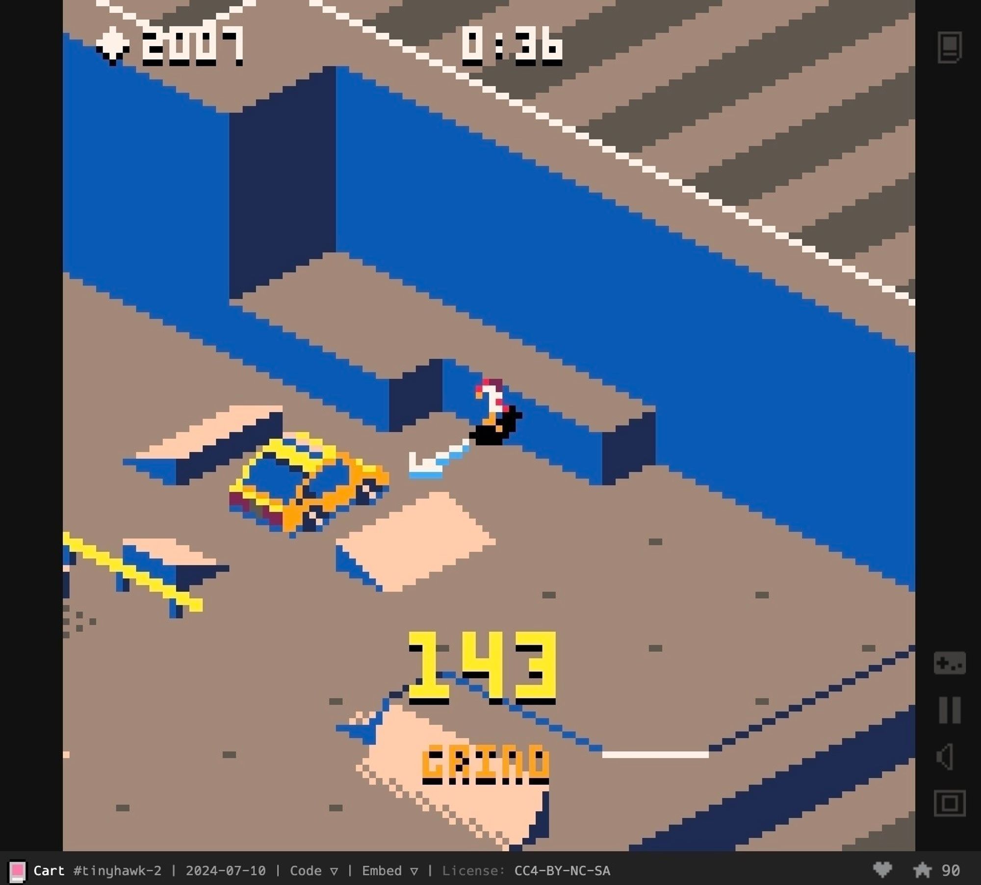 A pixelated skateboarder performs a grind trick on a ledge near a yellow car in an urban skate park with blue and beige ramps and obstacles