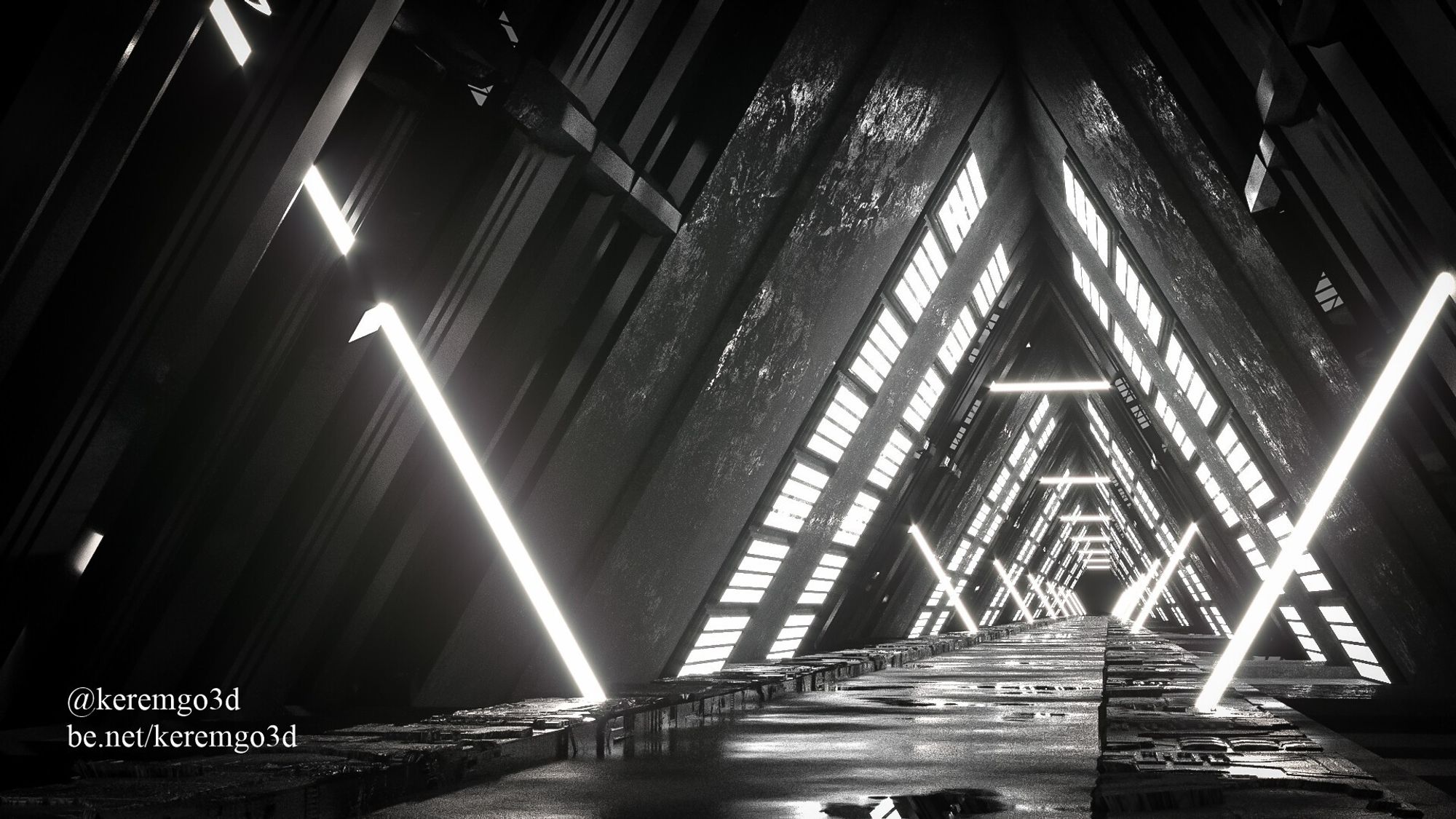 a futuristic architectural interior with glowing triangle shapes neon lights and soft box style light panels