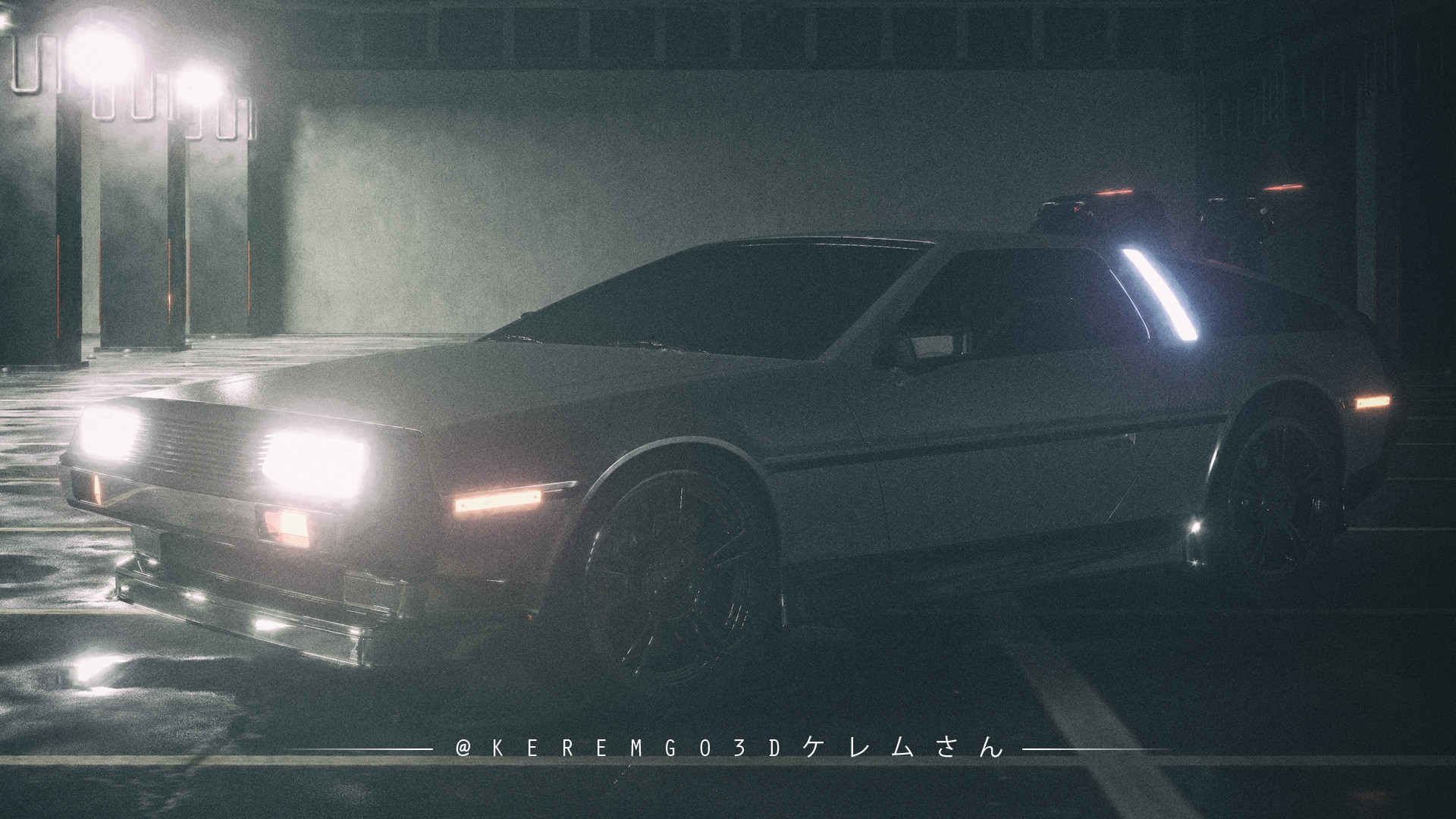 Classic DMC DeLorean car in a parking lot with neon lights at night