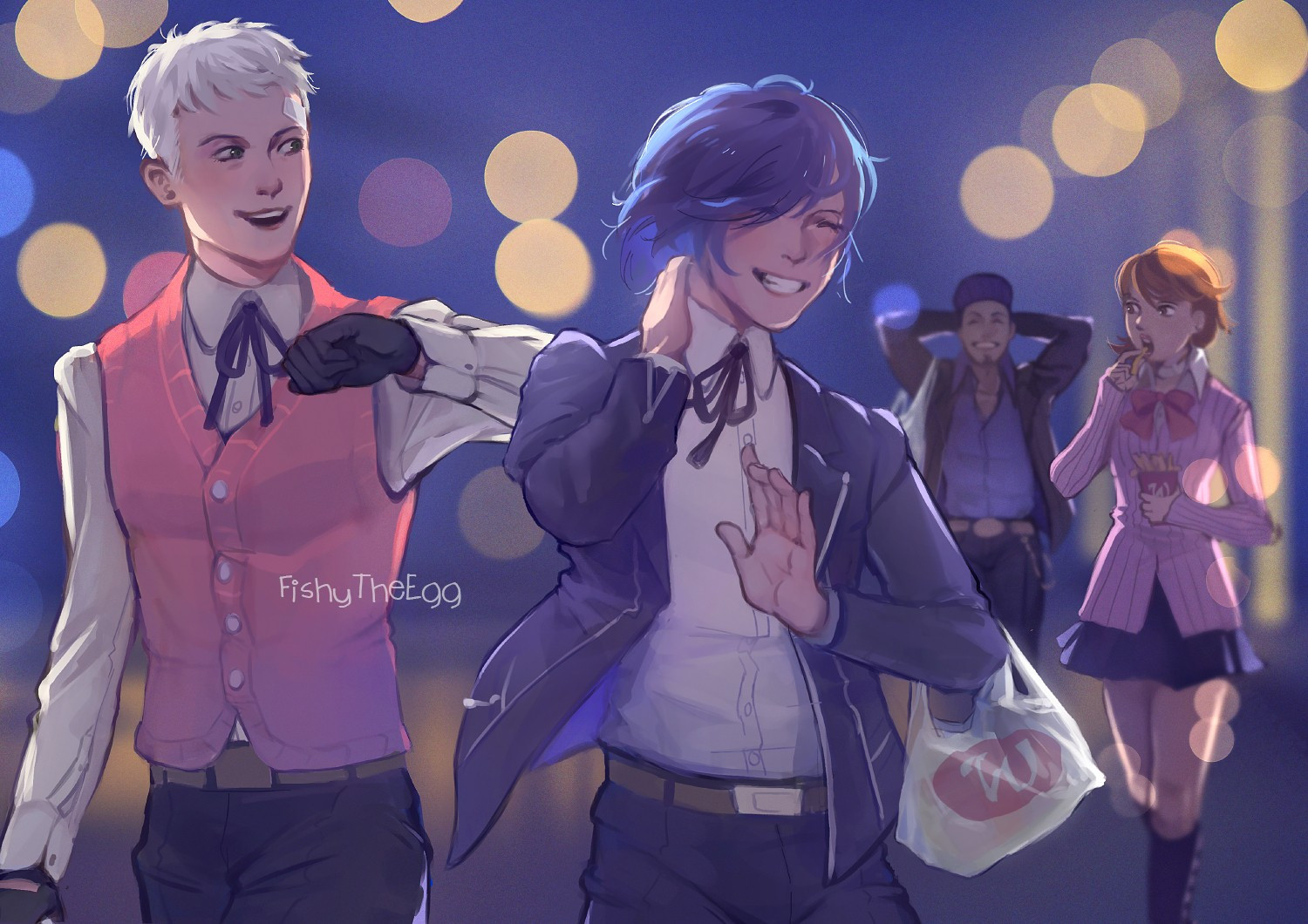 Akihiko is nudging Makoto with his elbow. Makoto has his hand on his neck and is laughing. Yukari and Junpei are walking behind them. Yukari is eating a french fry and Junpei has his hands behind his head. It is night time and the city lights are a blur in the background.