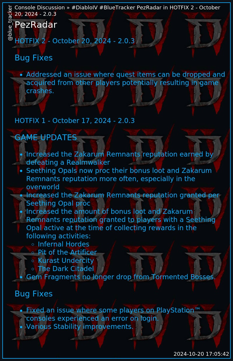 **Console Discussion » HOTFIX 2 - October 20, 2024 - 2.0.3**
# PezRadar
> **HOTFIX 2 - October 20, 2024 - 2.0.3**
> 
> ### Bug Fixes
> 
>   * Addressed an issue where quest items can be dropped and acquired from other players potentially resulting in game crashes.
> 

>     
>     
>     
> 
> **HOTFIX 1 - October 17, 2024 - 2.0.3**
> 
> ### GAME UPDATES
> 
>   * Increased the Zakarum Remnants reputation earned by defeating a Realmwalker
>   * Seething Opals now proc their bonus loot and Zakarum Remnants reputation more often, especially in the overworld
>   * Increased the Zakarum Remnants reputation granted per Seething Opal proc
>   * Increased the amount of bonus loot and Zakarum Remnants reputation granted to players with a Seething Opal active at the time of collecting rewards in the following activities: 
>     * Infernal Hordes
>     * Pit of the Artificer
>     * Kurast Undercity
>     * The Dark Citadel
>   * Gem Fragments no longer drop from Tormented Bosses.
> 

> 
> ### Bug Fixes
> 
>   * Fixed an issue where some players on PlayStation™ consoles experienced an error on login.
>   * Various Stability improvements.
> 

>     
>     
>     
> 
>   
> https://us.forums.blizzard.com/en/d4/t/hotfix-2-october-20-2024-203/200802/1

*2024-10-20 17:05:42*