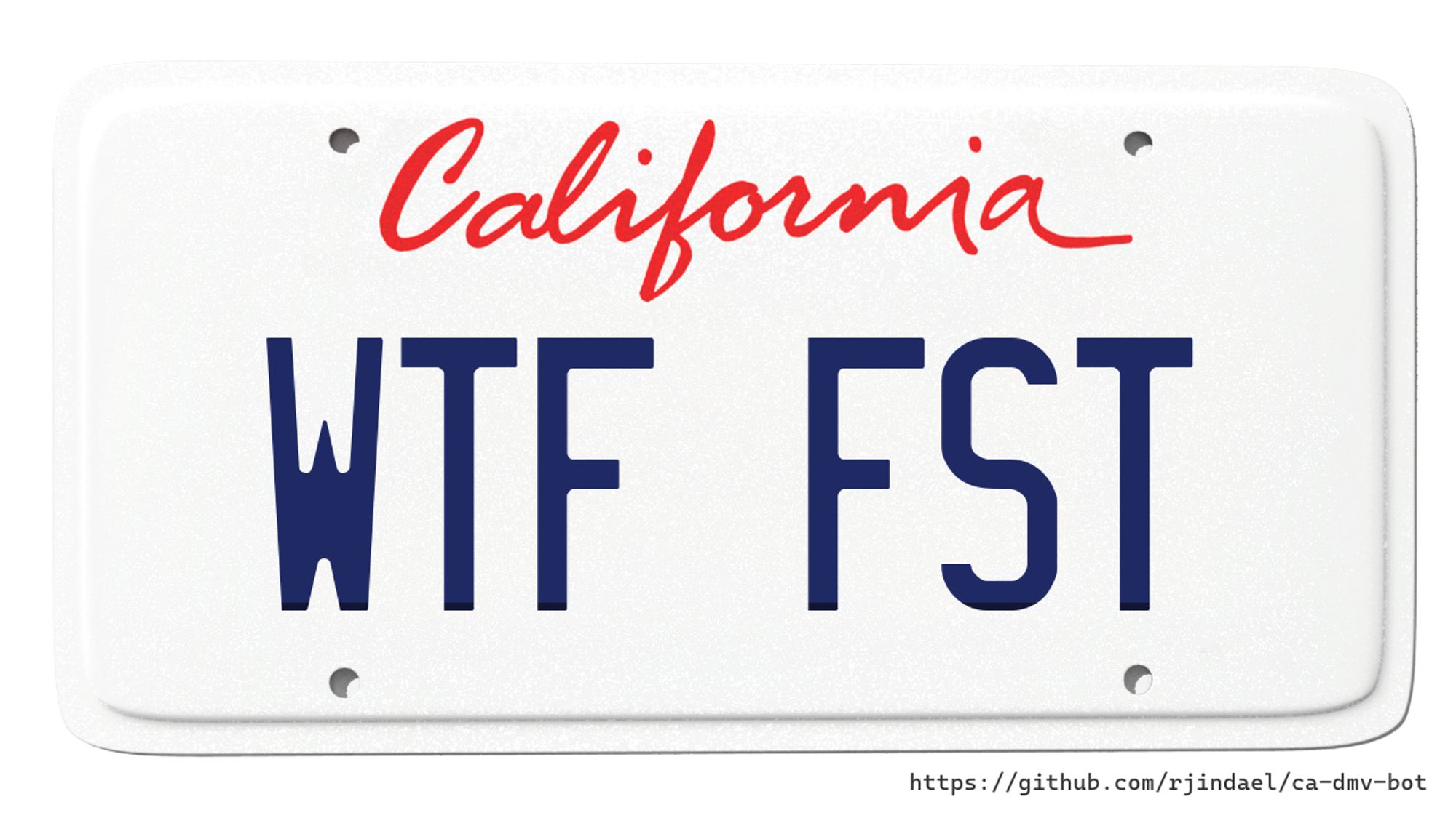 California license plate with text "WTF FST".