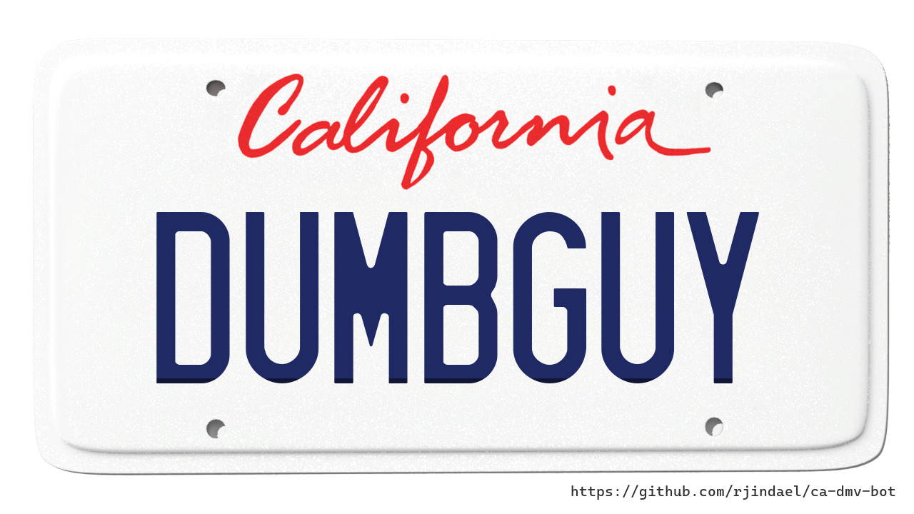 California license plate with text "DUMBGUY".