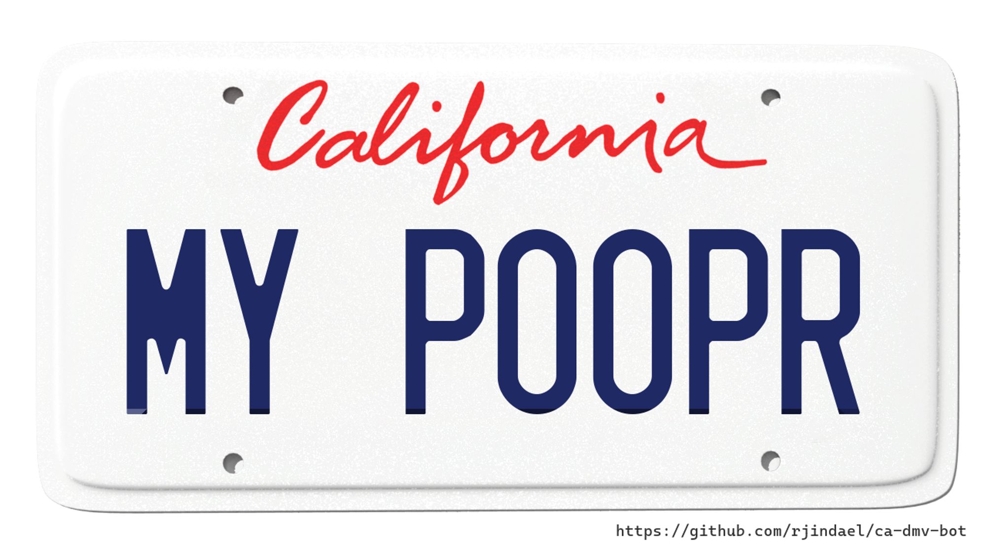 California license plate with text "MY POOPR".