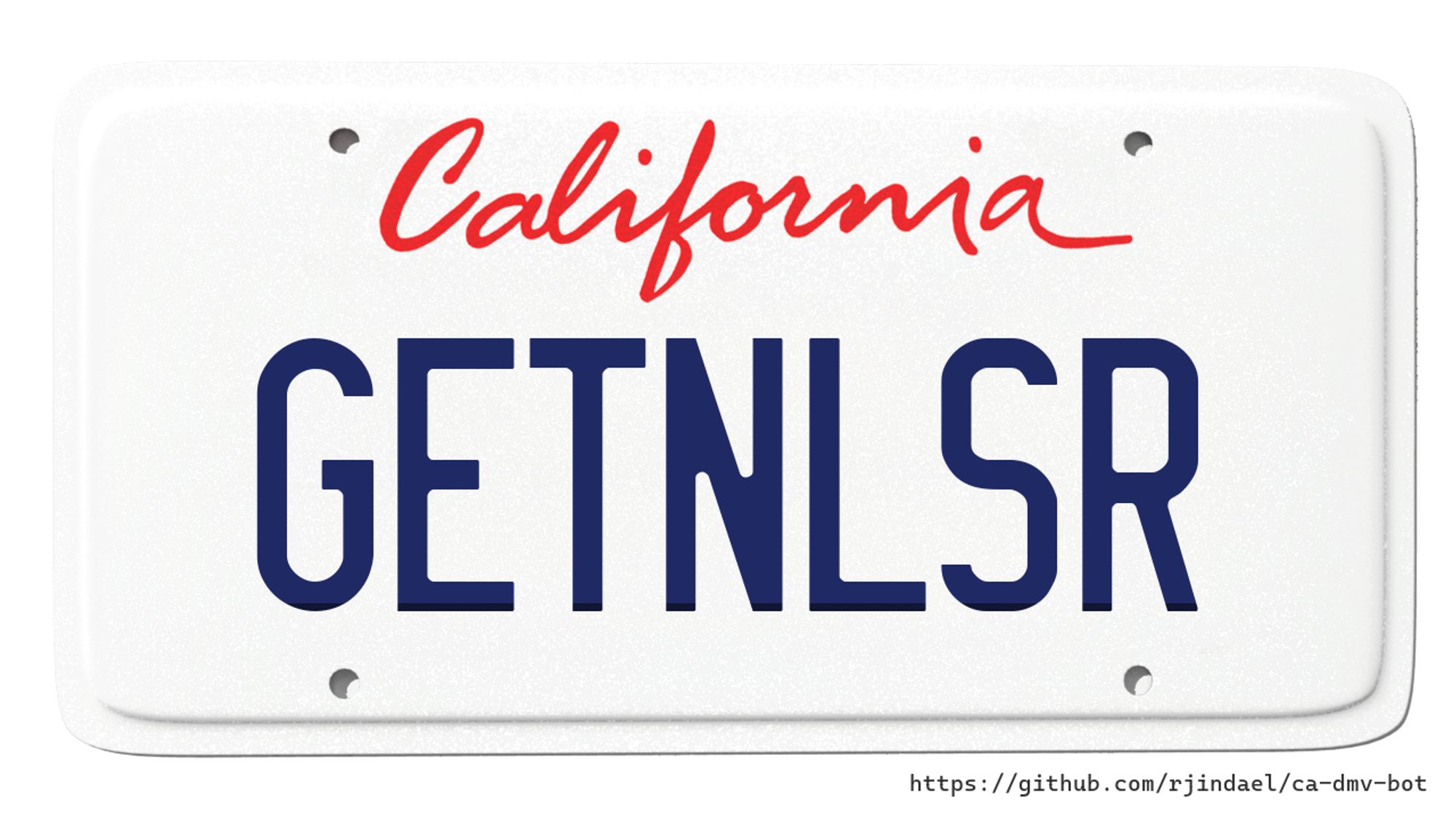 California license plate with text "GETNLSR".